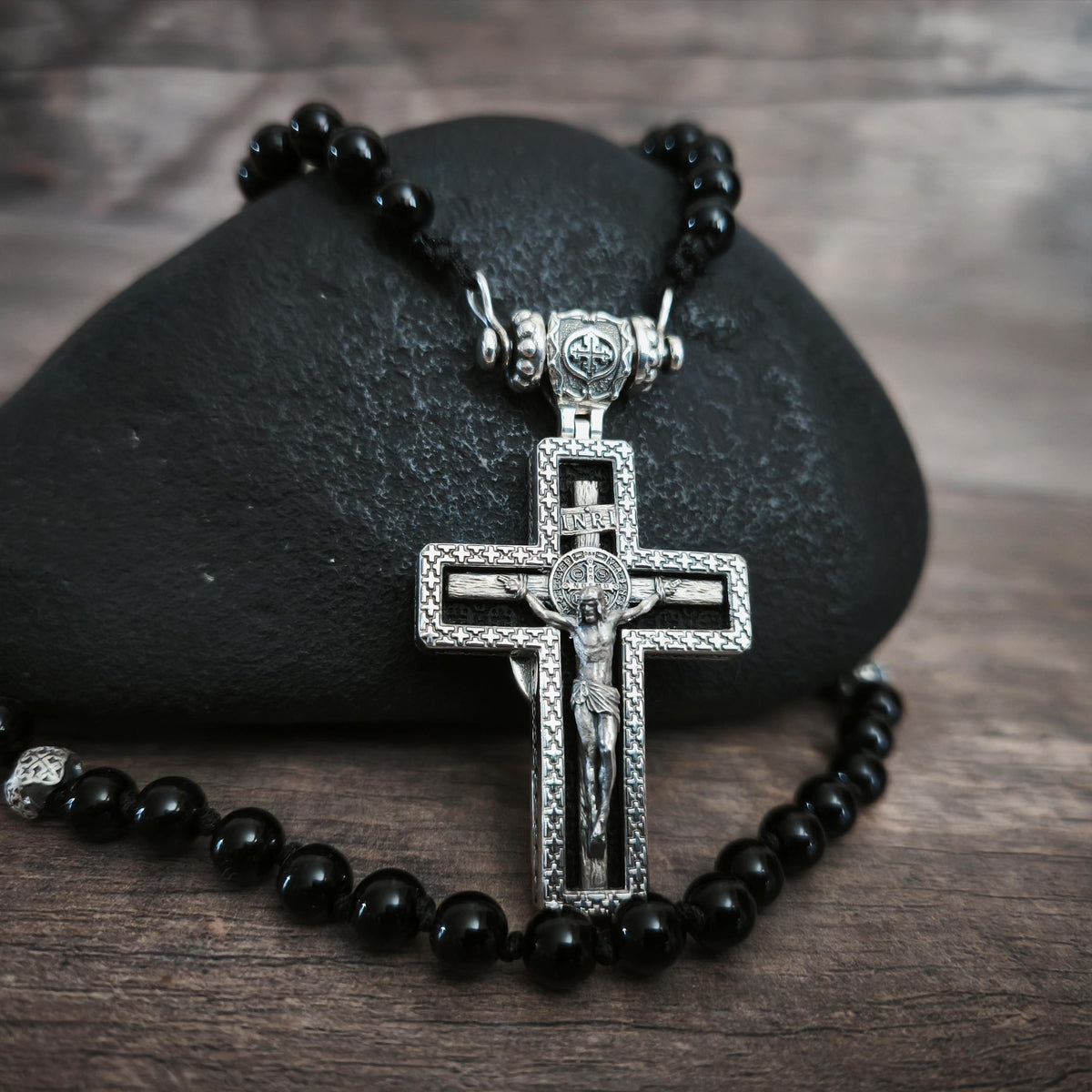 Personalized Saint Benedict Crucifix Necklace Archangel Saint Michael : Sterling Silver & Ebony Wood