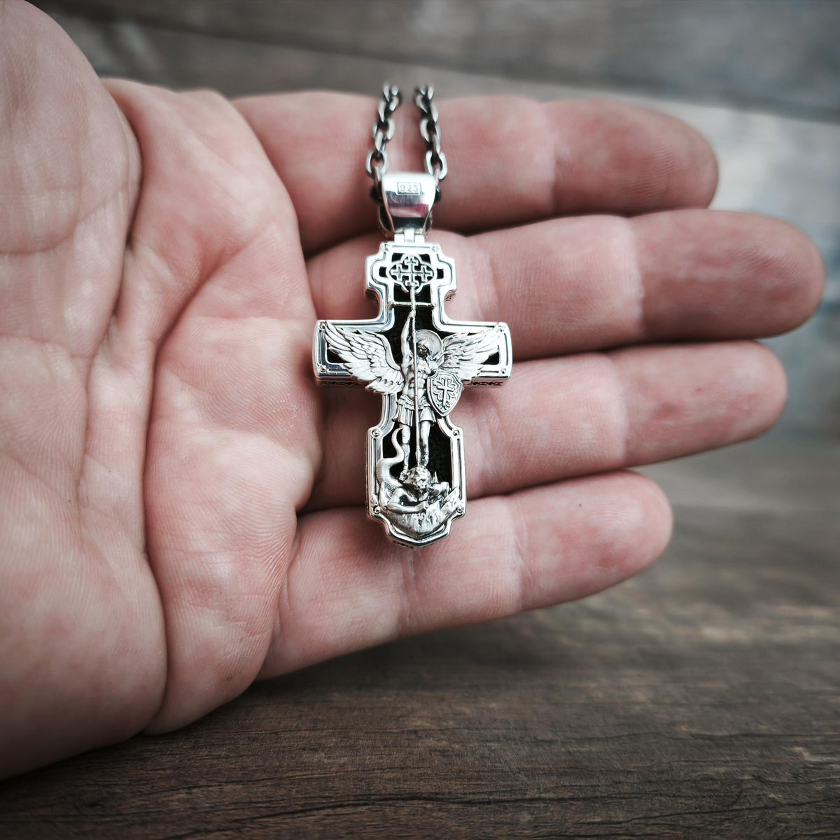 Personalized Saint Benedict Crucifix Necklace Archangel Saint Michael : Sterling Silver & Ebony Wood