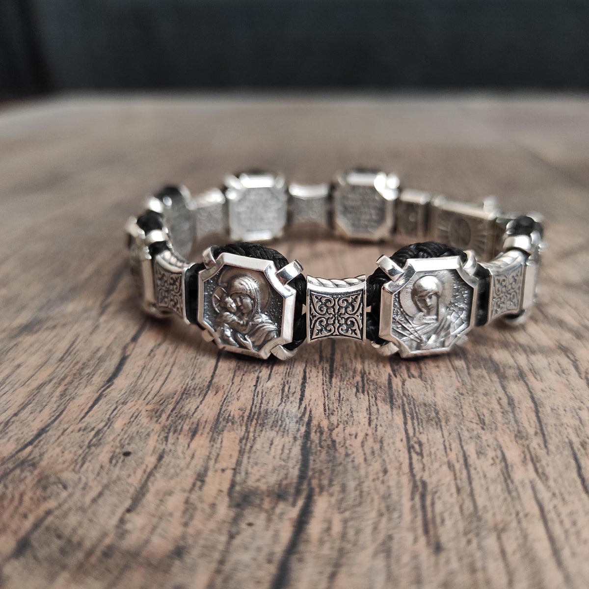 Silver Orthodox Christian Bracelet with Saints and Our Father Prayer