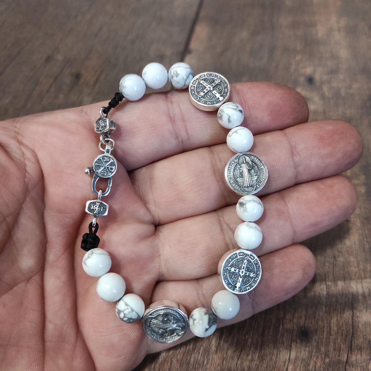 Handmade Saint Benedict Silver Bracelet: Agate Stone, Religious Gift