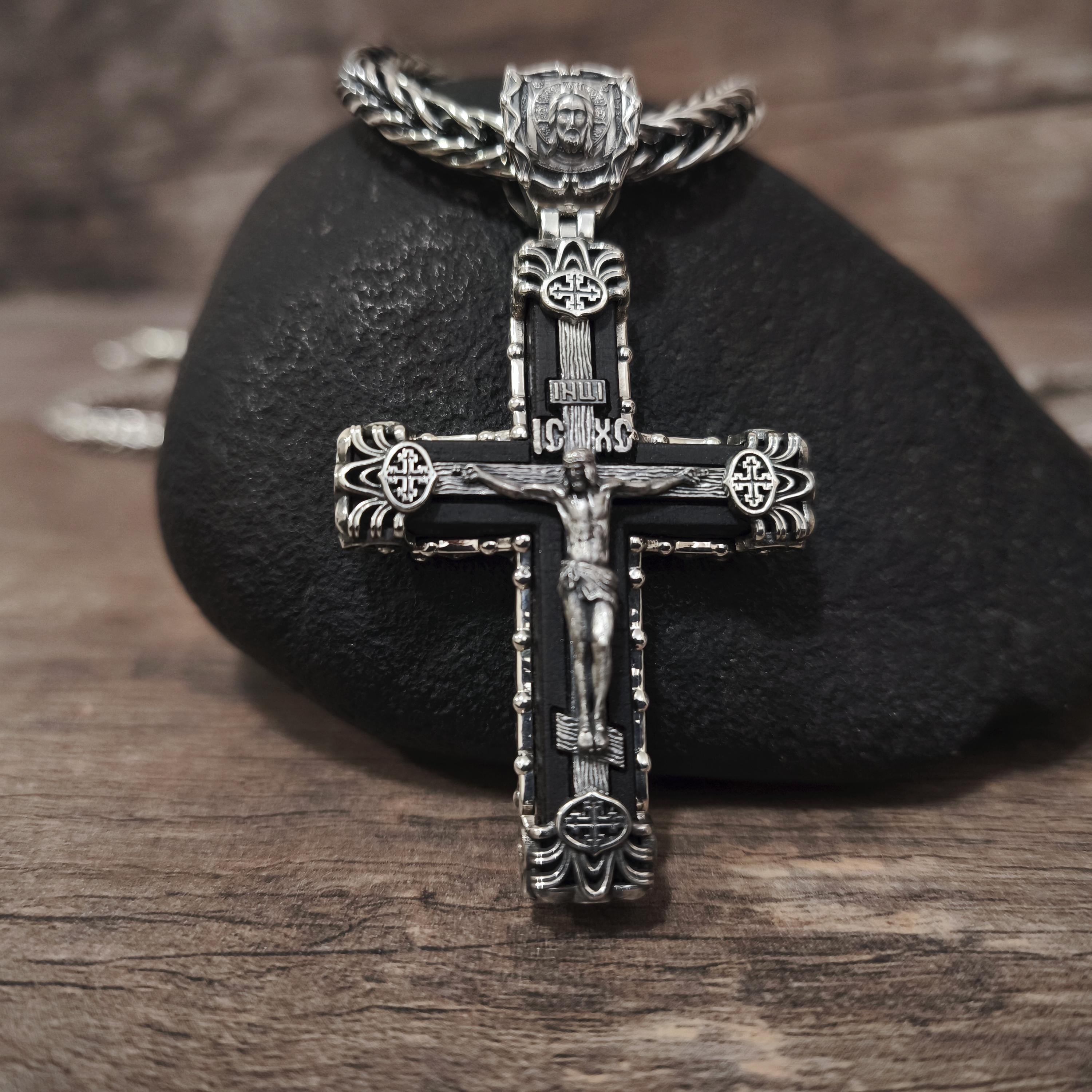 Sterling Silver Orthodox Crucifix Necklace & Ebony Wood - Religious Pendant