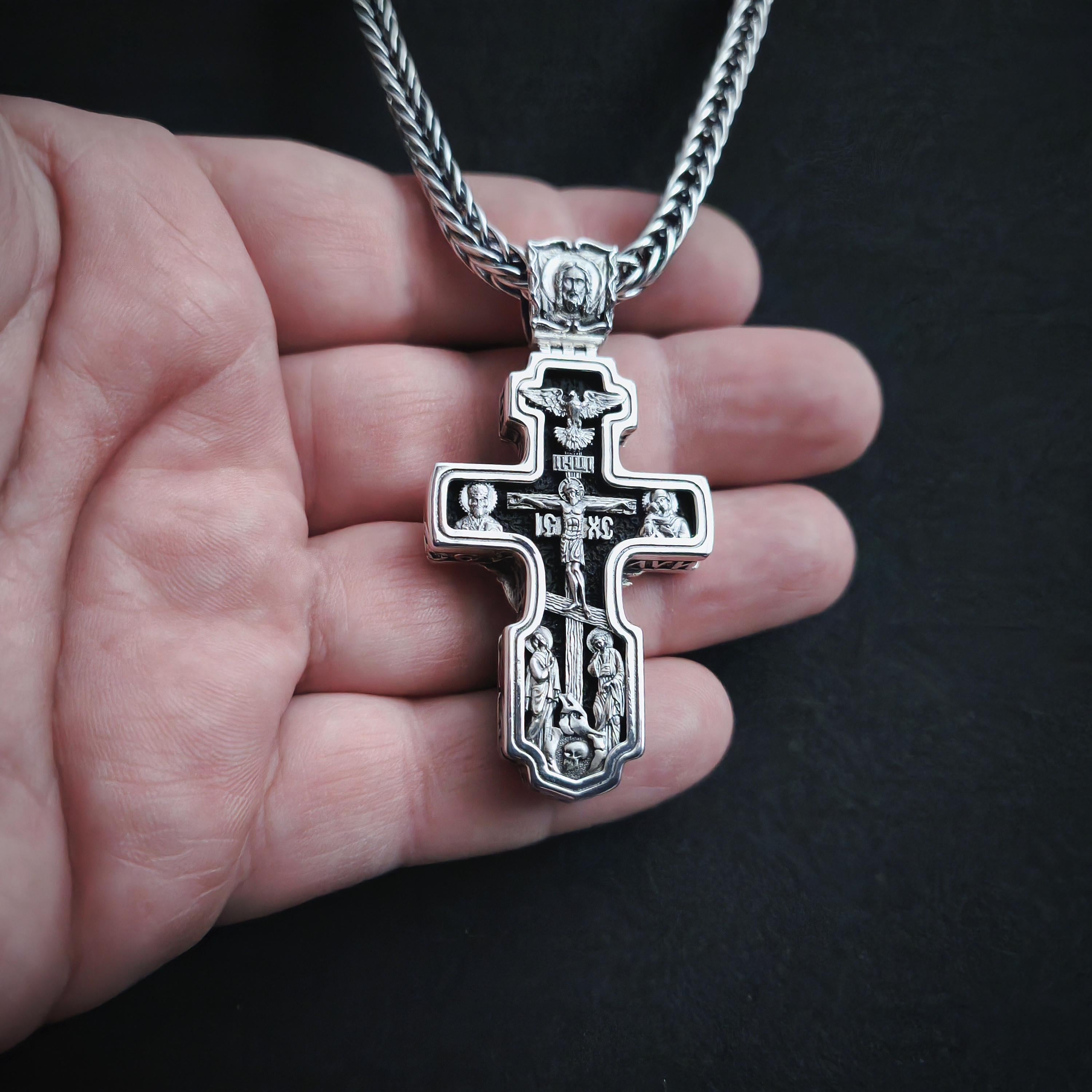 Sterling Silver Orthodox Cross Necklace - Archangel Michael, Ebony Wood