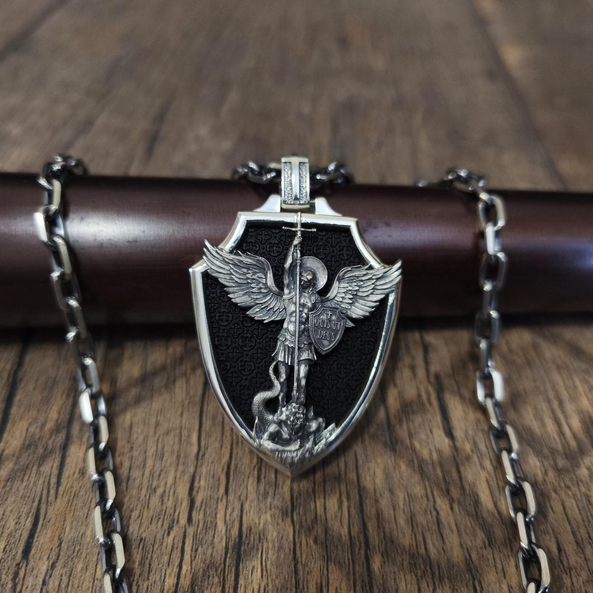 Personalized Sterling Silver Archangel Michael Shield Necklace - Ebony Wood Pendant