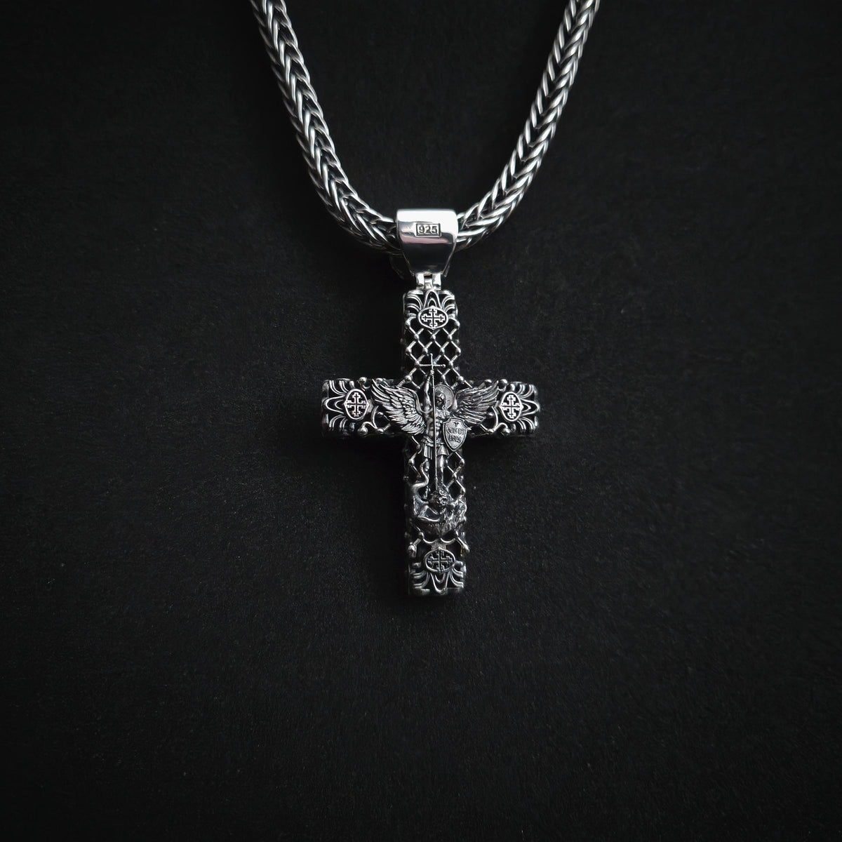 Sterling Silver Crucifix Archangel Michael Necklace & Ebony Wood - Religious Pendant