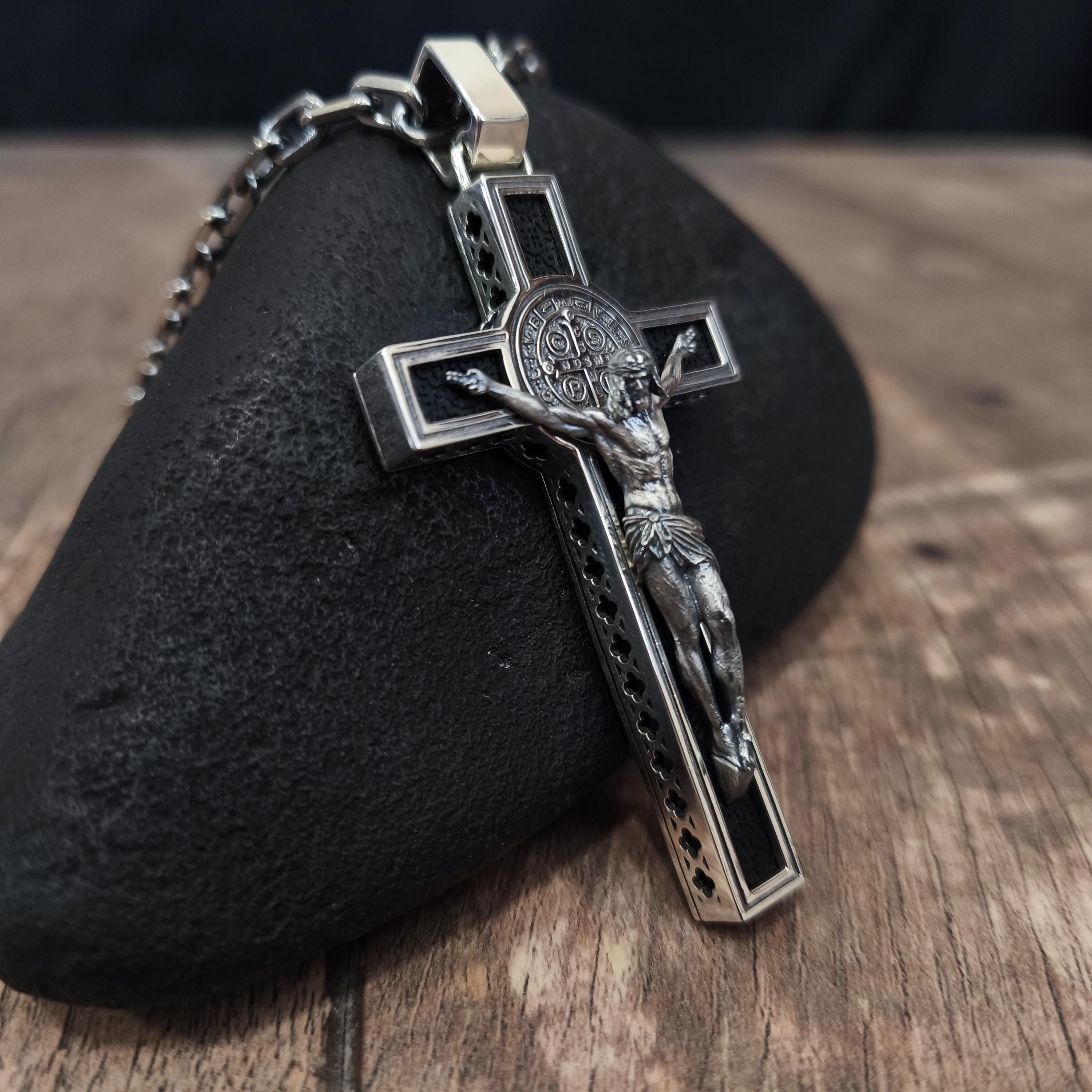 Personalized Saint Benedict Crucifix Necklace: Sterling Silver & Ebony Wood