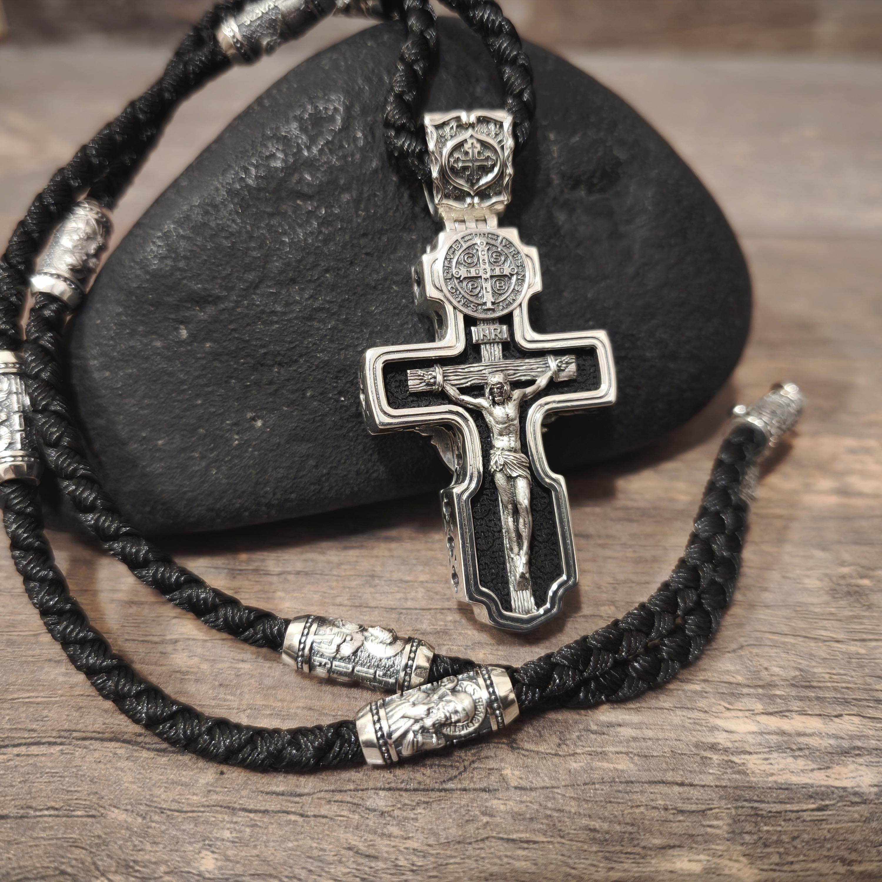 Personalized Jesus Cross Saint Benedict Crucifix Necklace Archangel Saint Michael : Sterling Silver & Ebony Wood
