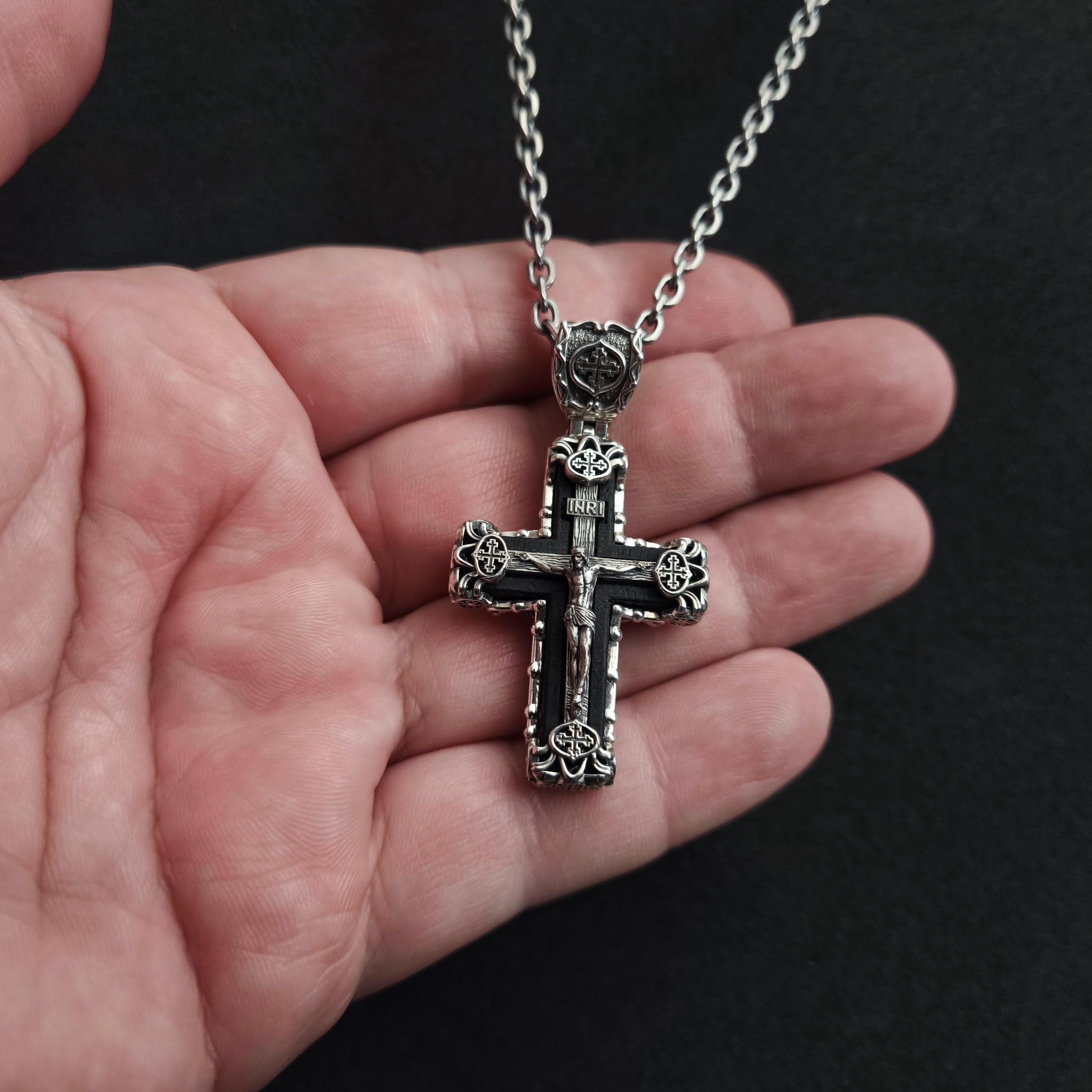Sterling Silver Crucifix Archangel Michael Necklace & Ebony Wood - Religious Pendant