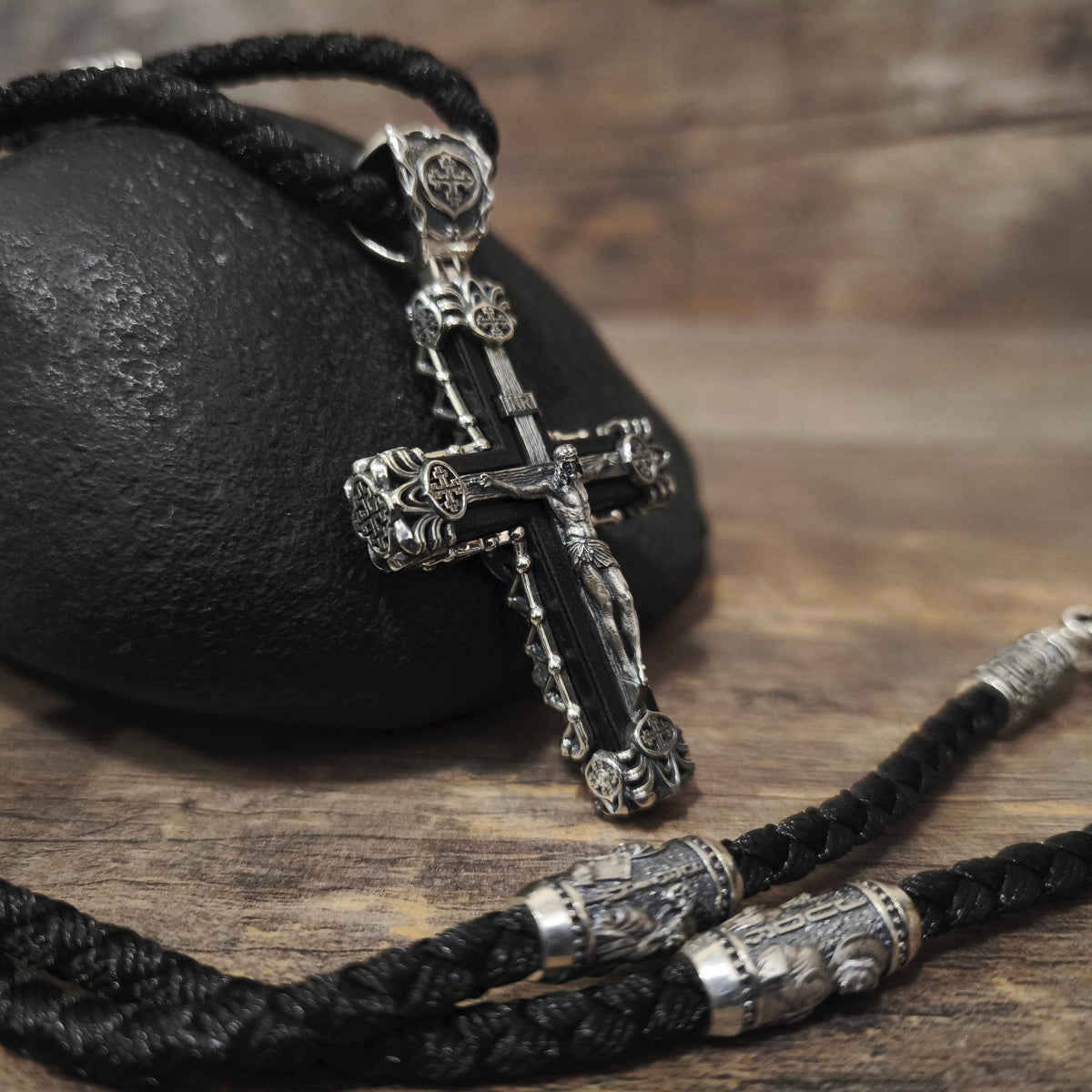 Sterling Silver Crucifix Archangel Michael Necklace & Ebony Wood - Religious Pendant
