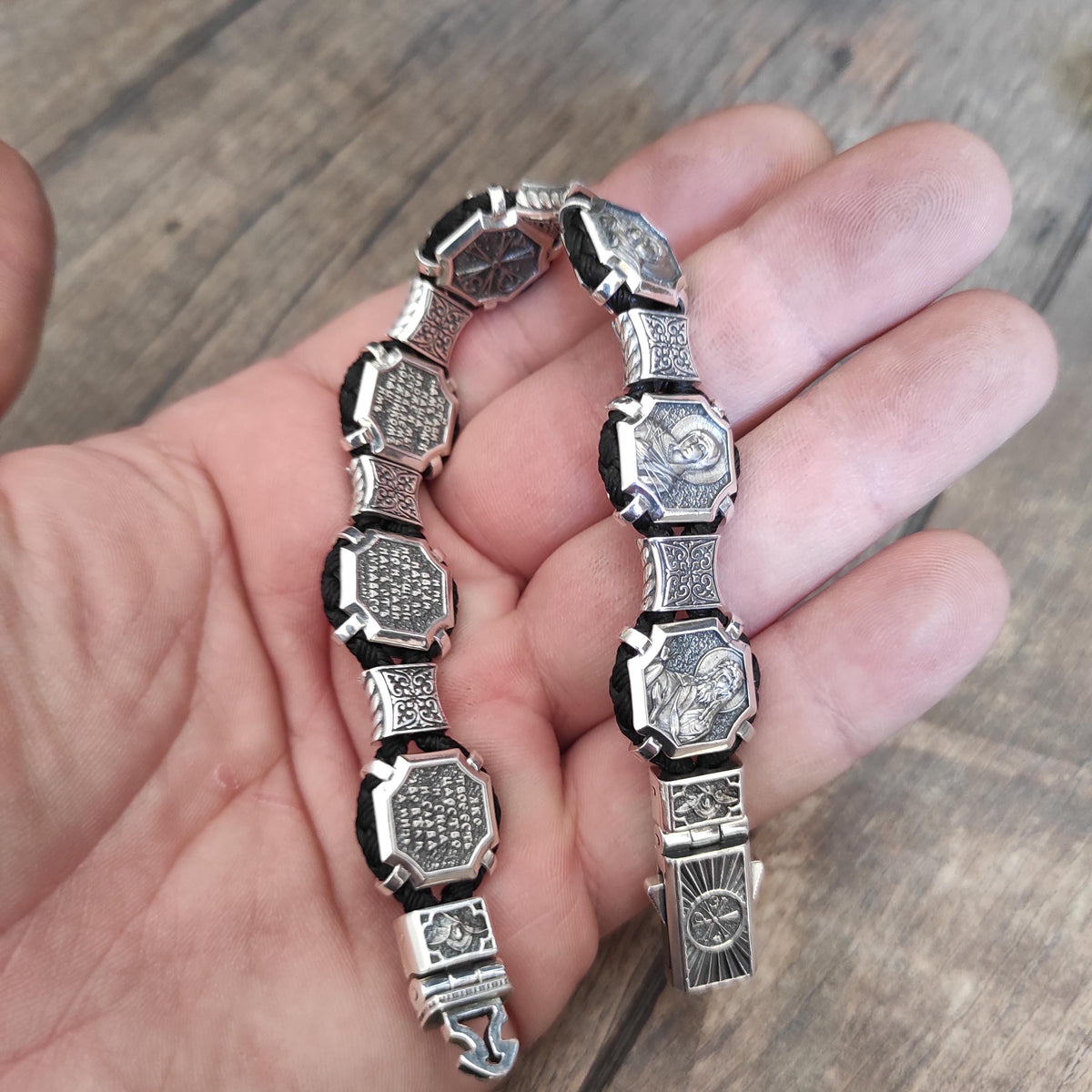 Silver Orthodox Christian Bracelet with Saints and Our Father Prayer