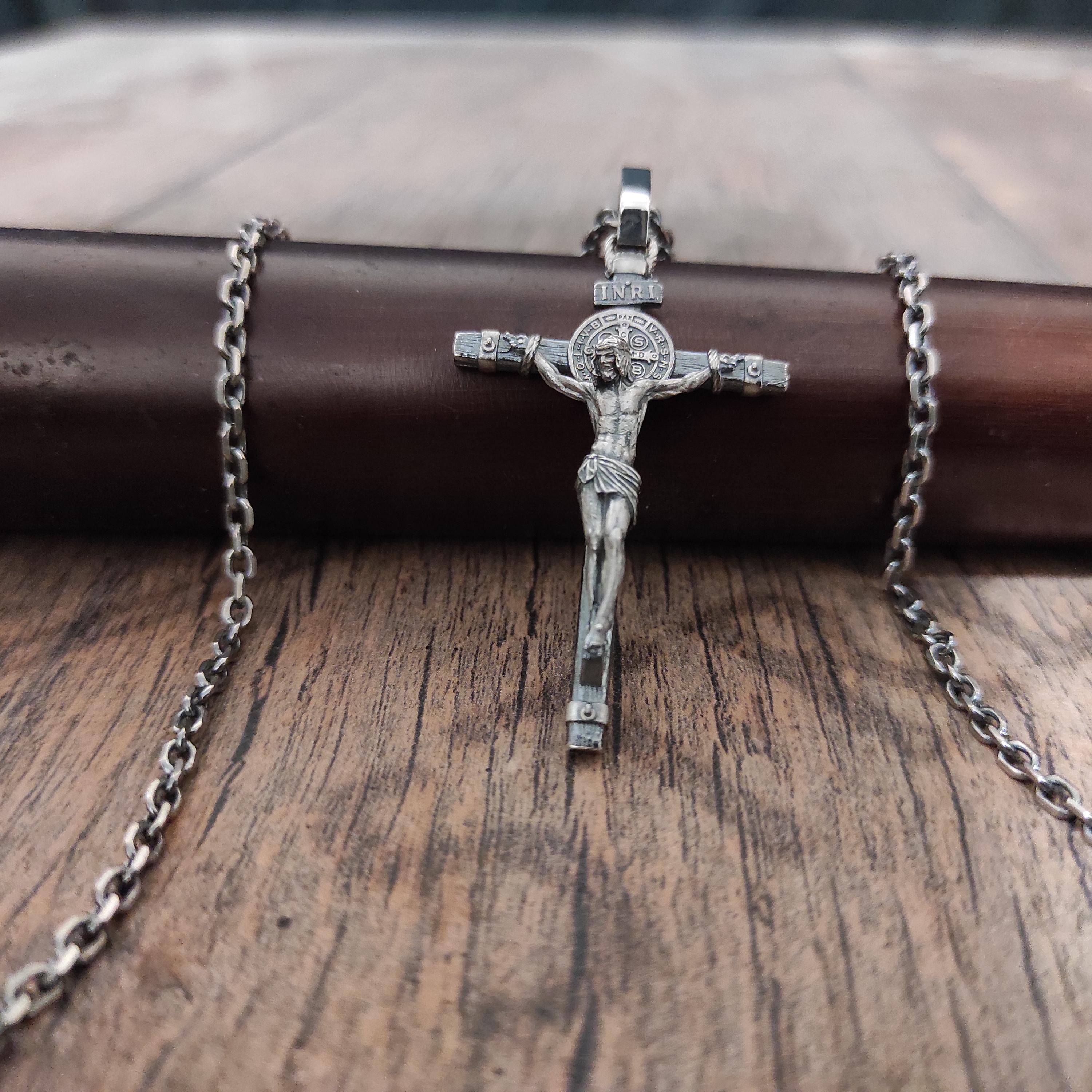 Handmade Saint Benedict Silver Crucifix Necklace: Religious Gift