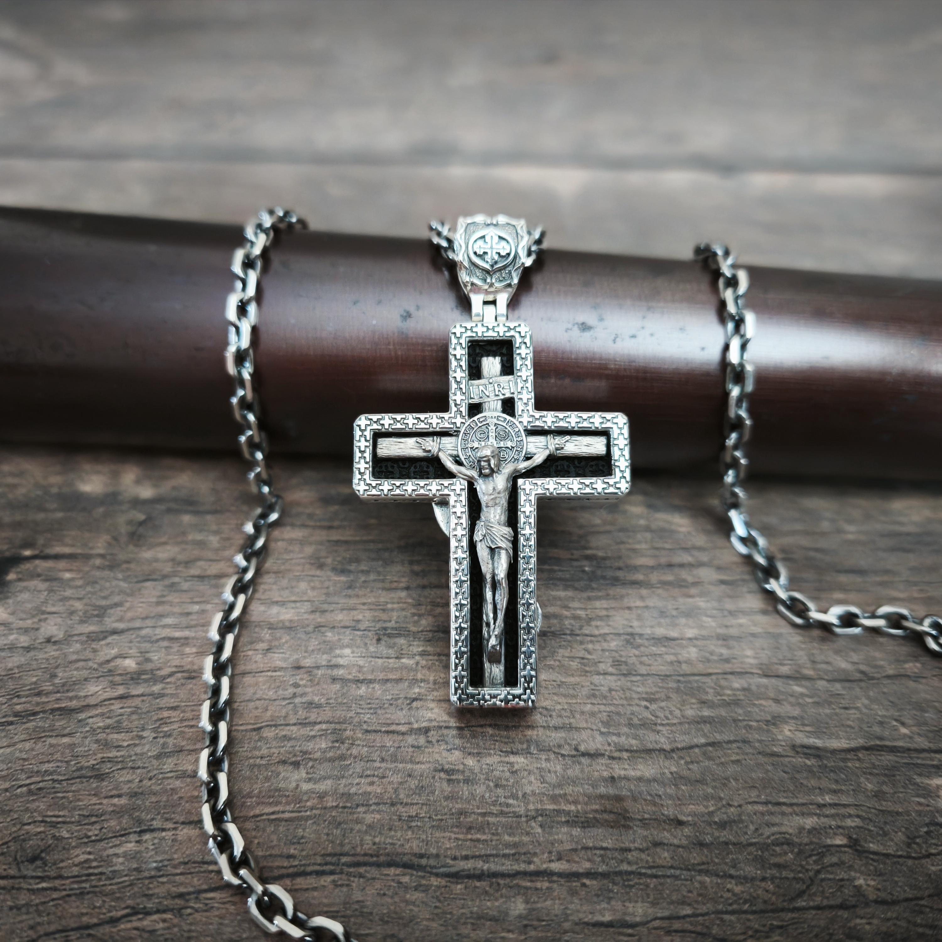 Personalized Saint Benedict Crucifix Necklace Archangel Saint Michael : Sterling Silver & Ebony Wood