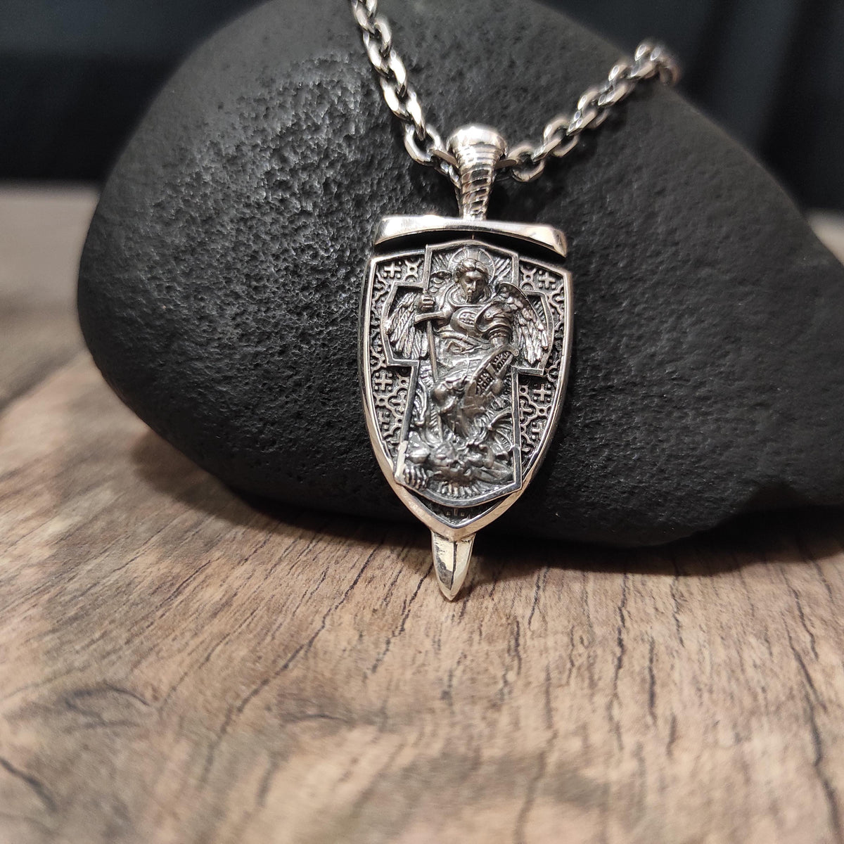 Sterling Silver Archangel Michael Shield Pendant Necklace: Religious Gift