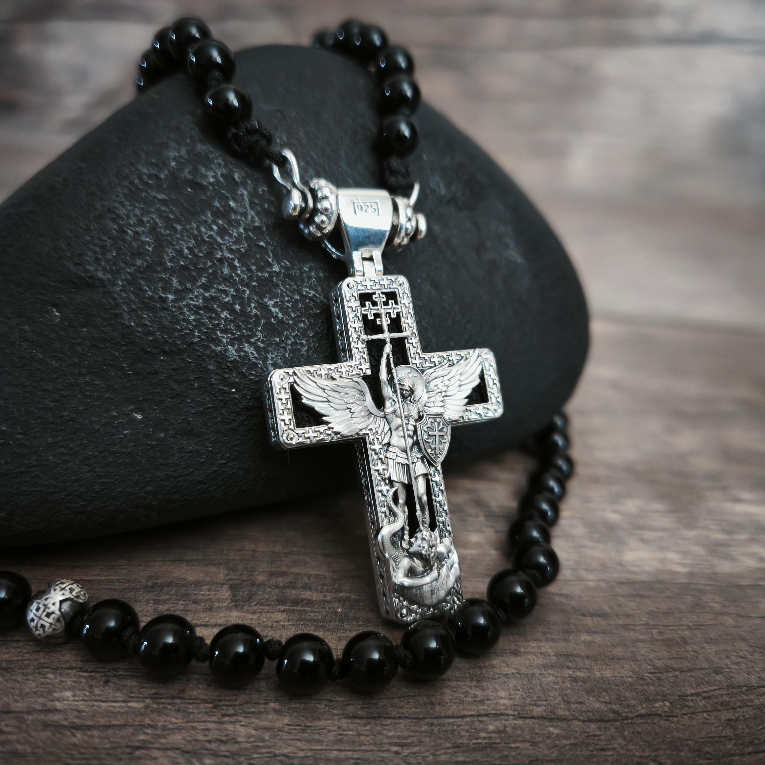 Personalized Saint Benedict Crucifix Necklace Archangel Saint Michael : Sterling Silver & Ebony Wood