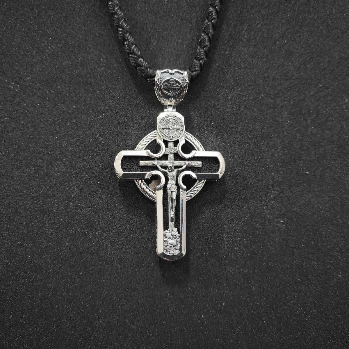 Personalized Jesus Cross Saint Benedict Crucifix Necklace Archangel Saint Michael : Sterling Silver & Ebony Wood