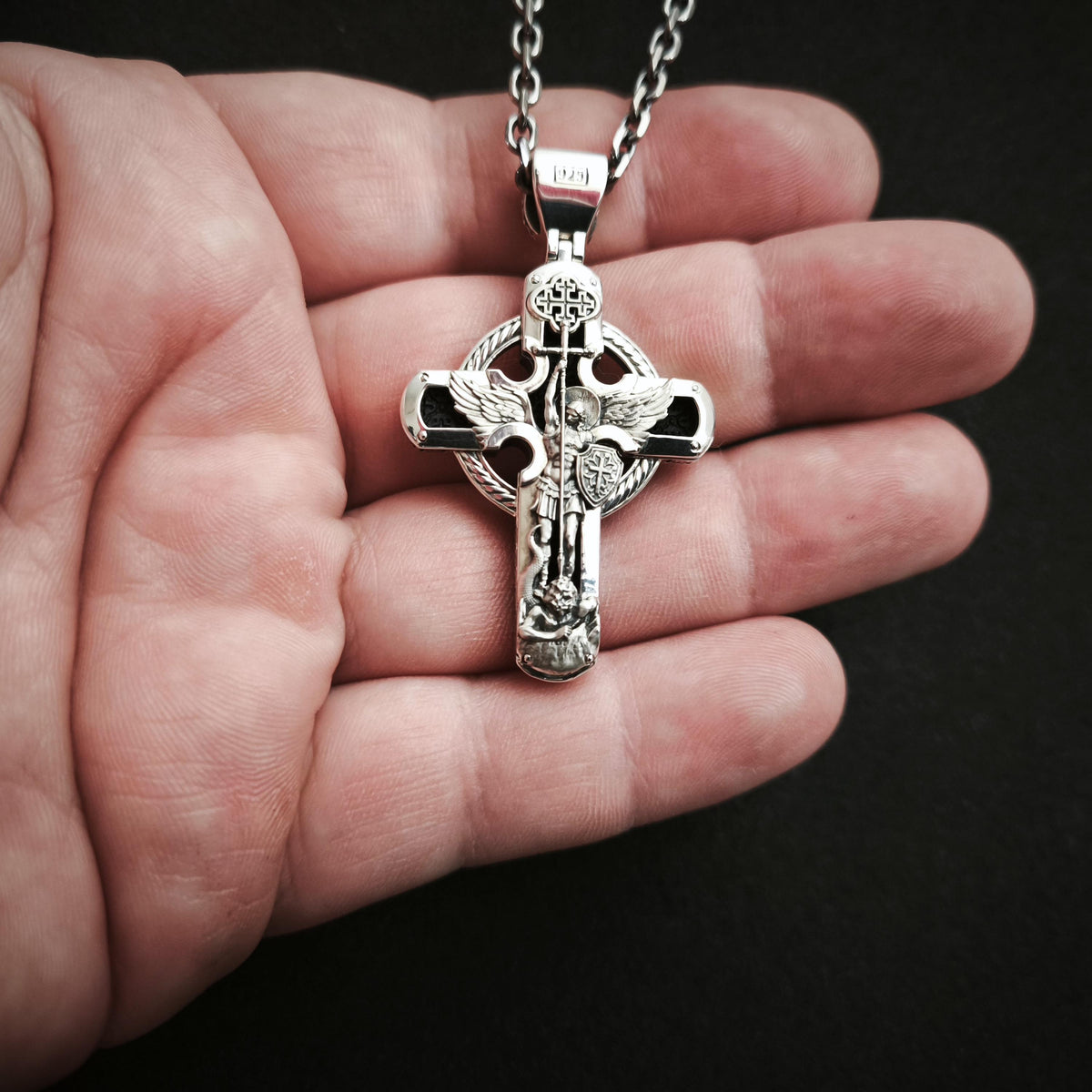 Personalized Saint Benedict Crucifix Necklace Archangel Saint Michael : Sterling Silver & Ebony Wood