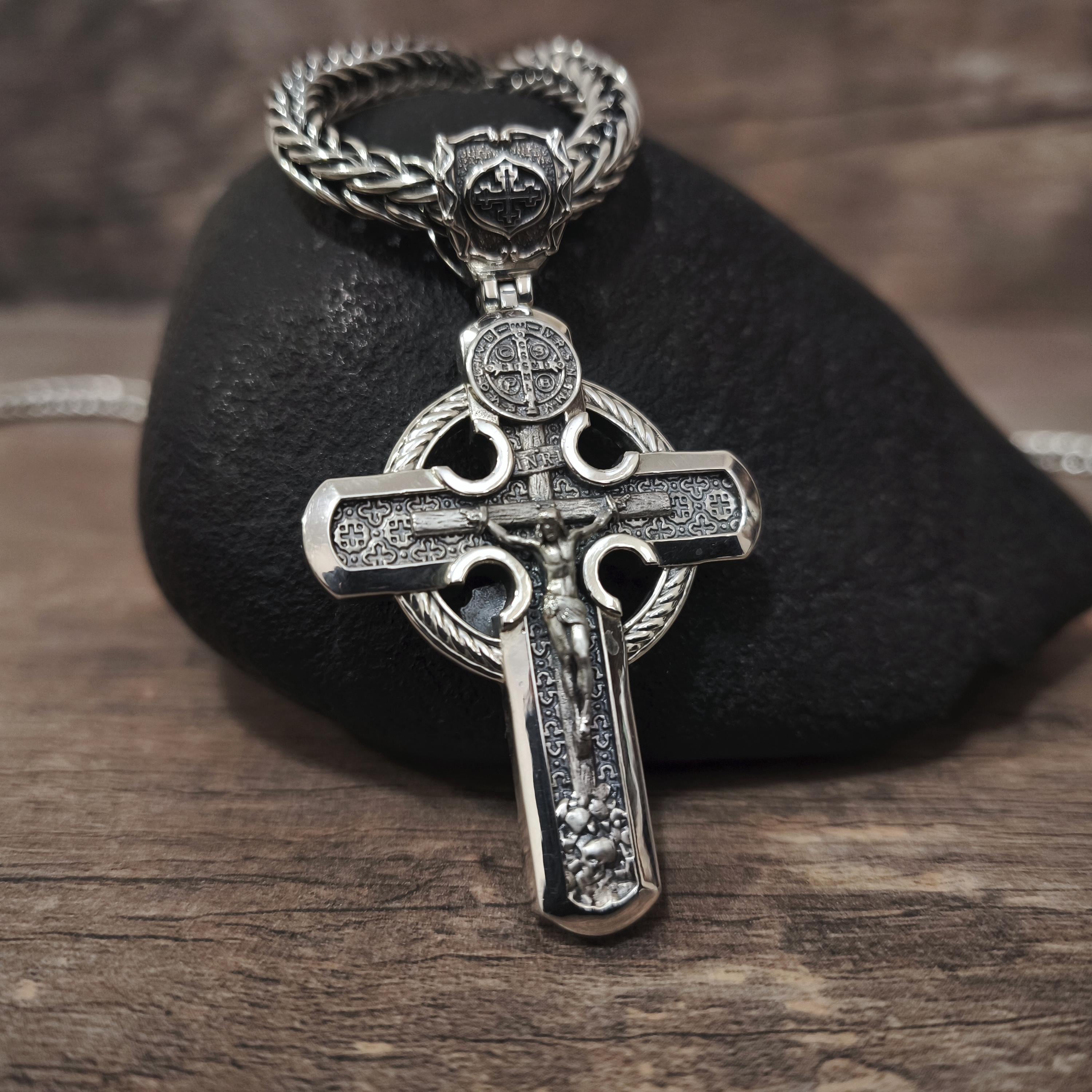 Personalized Saint Benedict Crucifix Necklace Archangel Saint Michael: Sterling Silver
