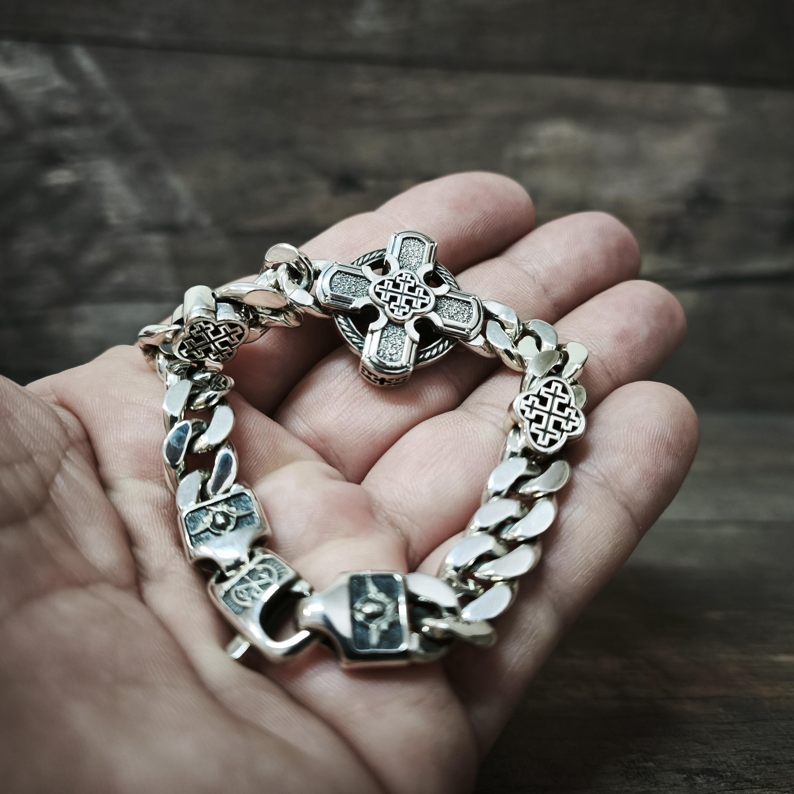 Silver Orthodox Christian Bracelet with Jesus, Archangel Michael, Nicholas the Wonderworker, the Virgin Mary