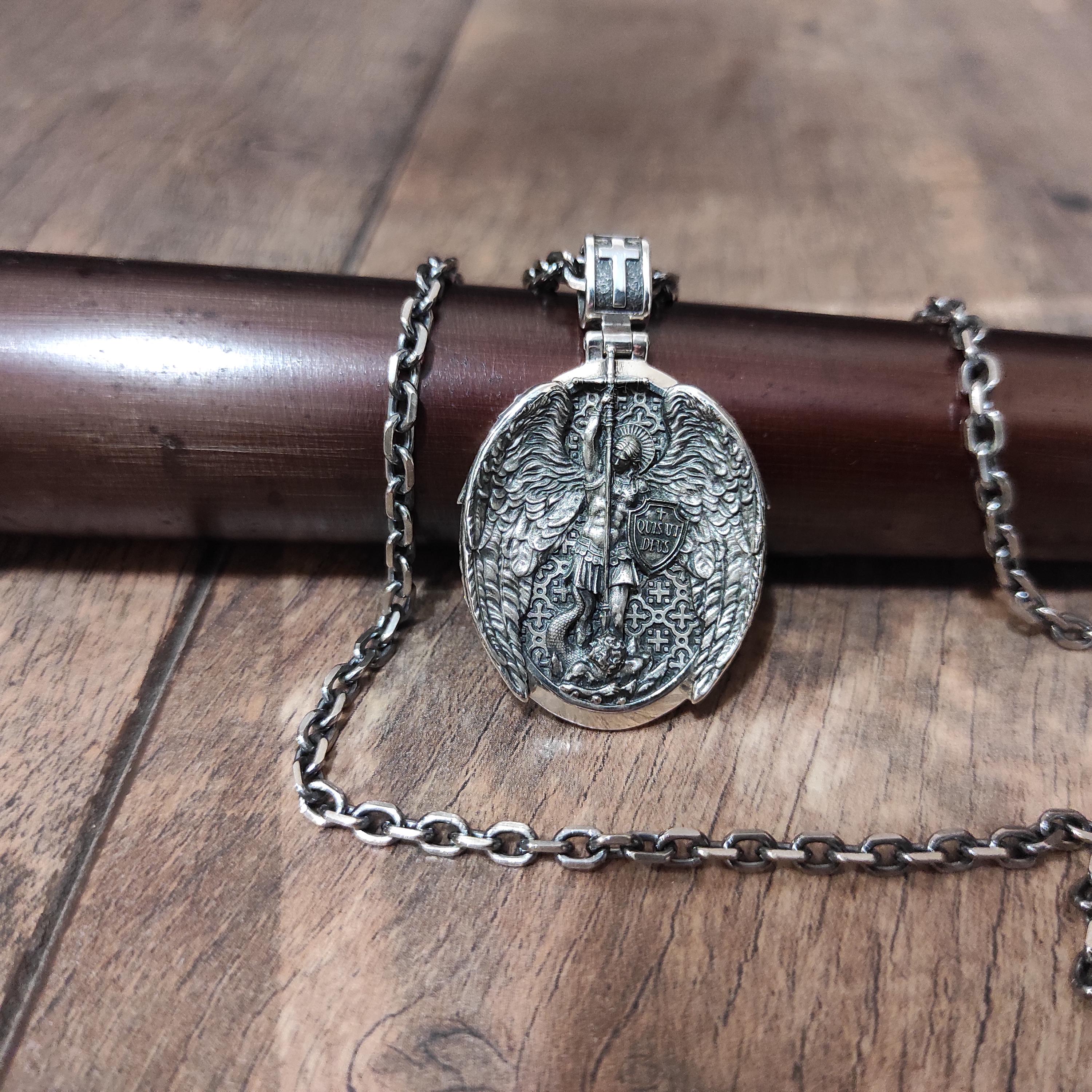 Sterling Silver Archangel Michael Shield Pendant Necklace, Religious Gift