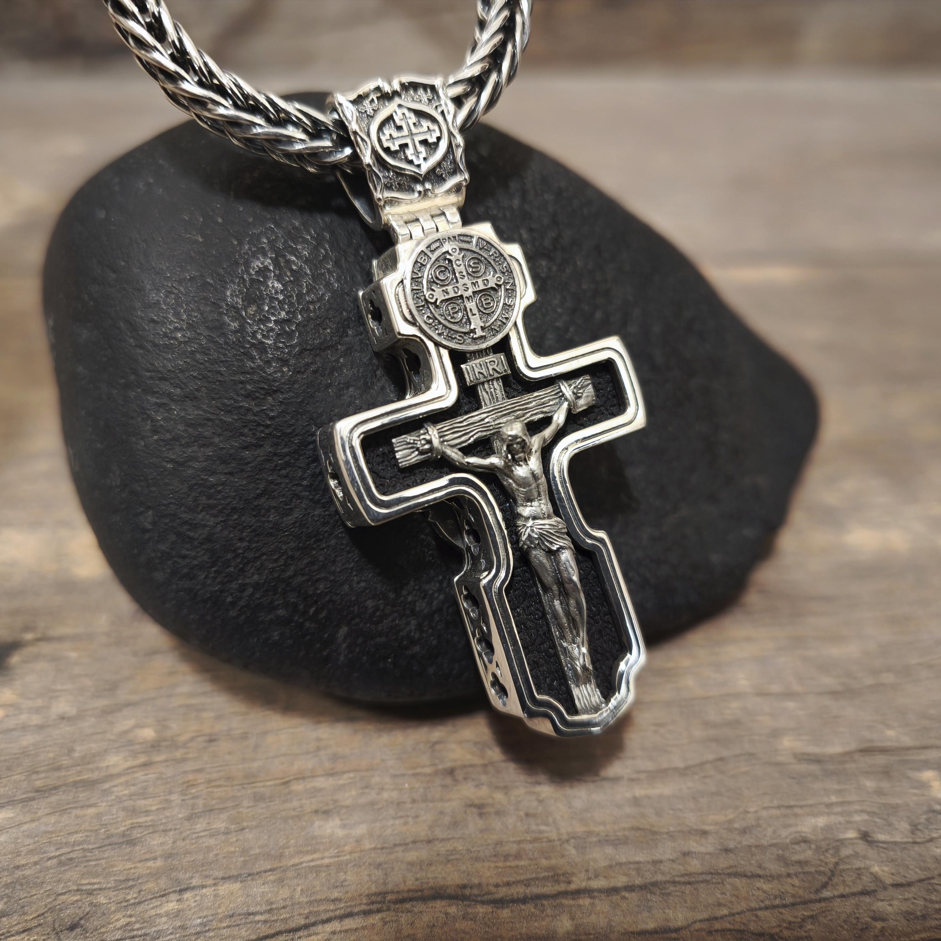 Personalized Saint Benedict Crucifix Necklace Archangel Saint Michael : Sterling Silver & Ebony Wood