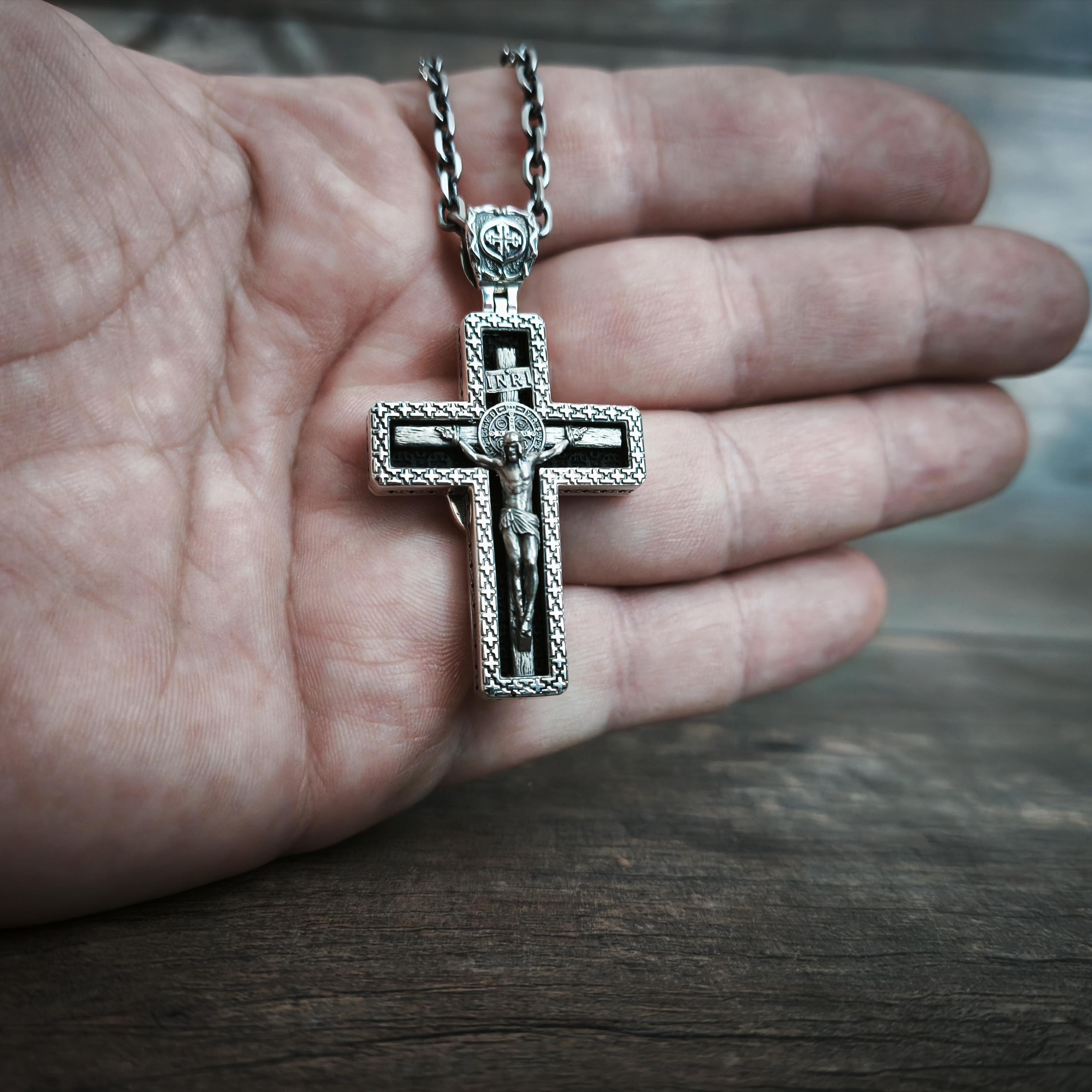Personalized Saint Benedict Crucifix Necklace Archangel Saint Michael : Sterling Silver & Ebony Wood