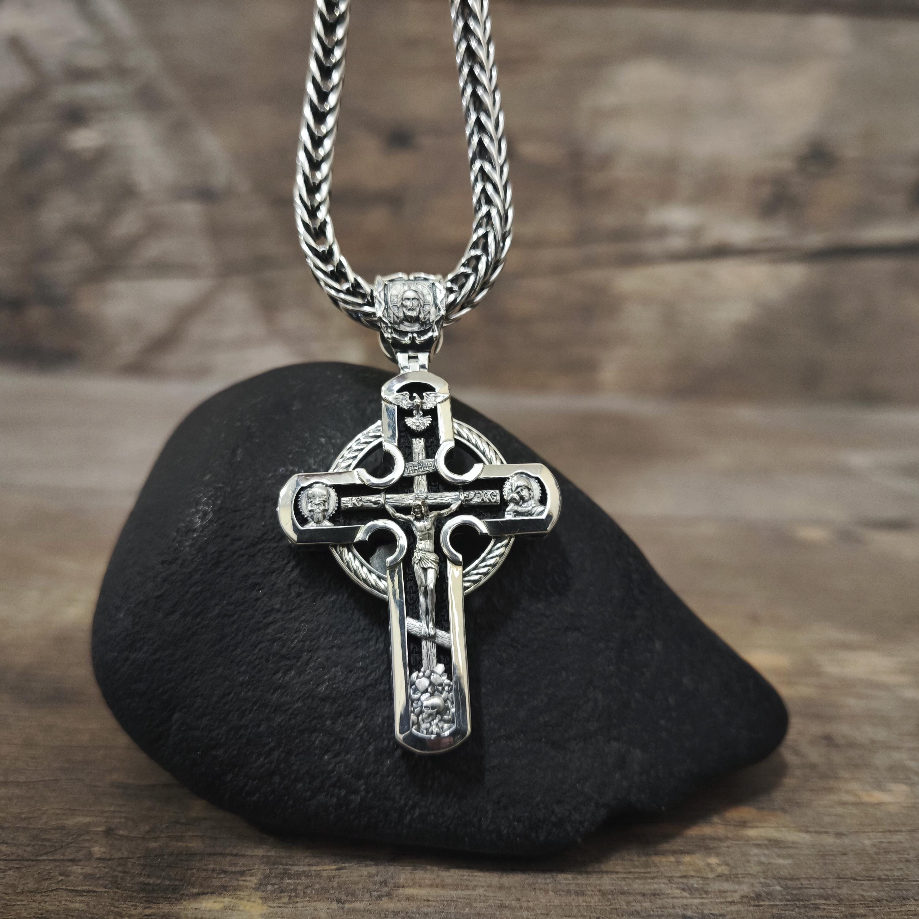 Sterling Silver Orthodox Cross Necklace - Archangel Michael, Ebony Wood