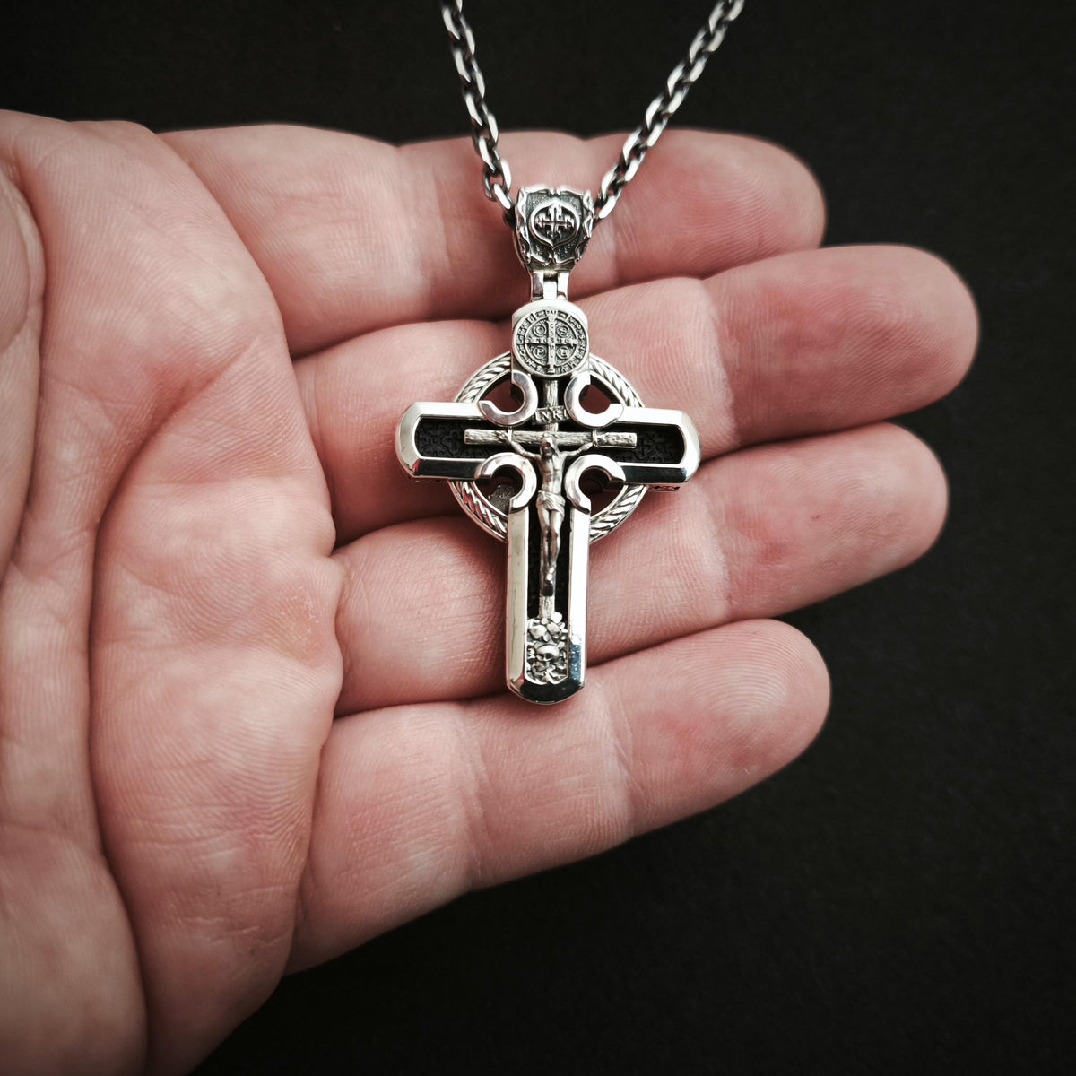 Personalized Saint Benedict Crucifix Necklace Archangel Saint Michael : Sterling Silver & Ebony Wood