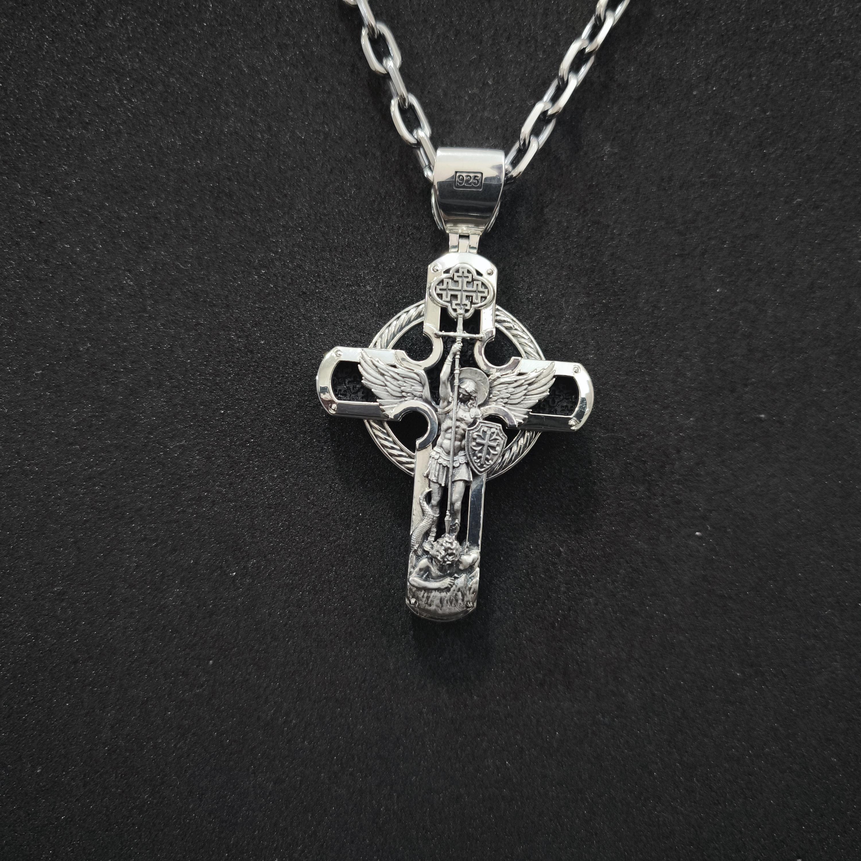 Sterling Silver Orthodox Crucifix Necklace Archangel Saint Michael & Ebony Wood - Religious Pendant