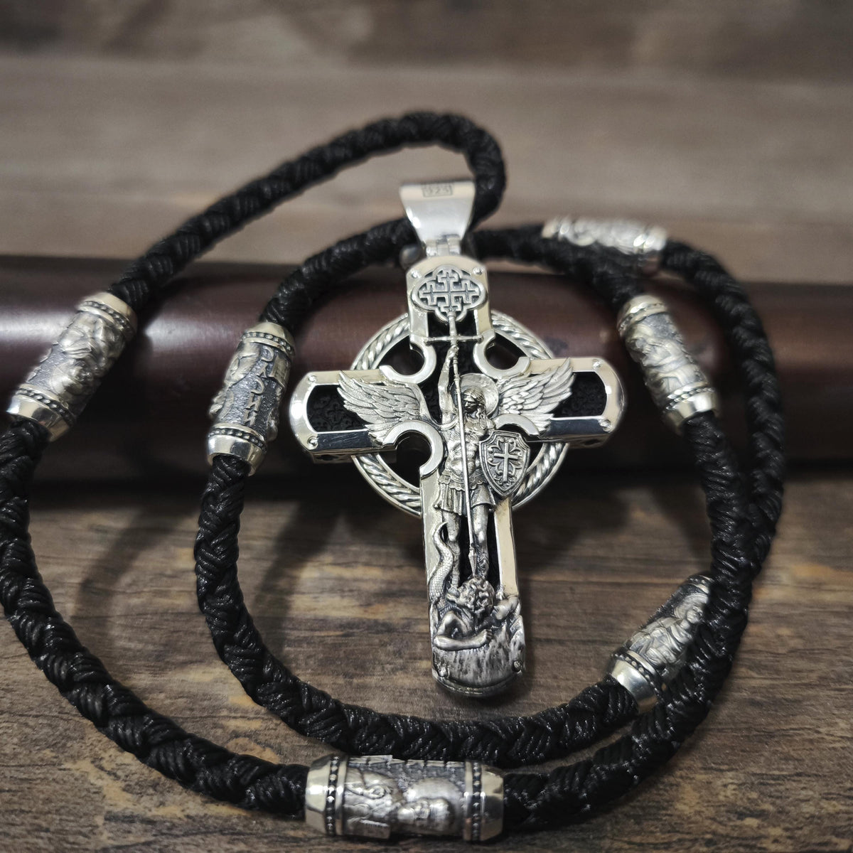 Sterling Silver Orthodox Crucifix Necklace: Jesus Cross Pendant, Ebony Wood