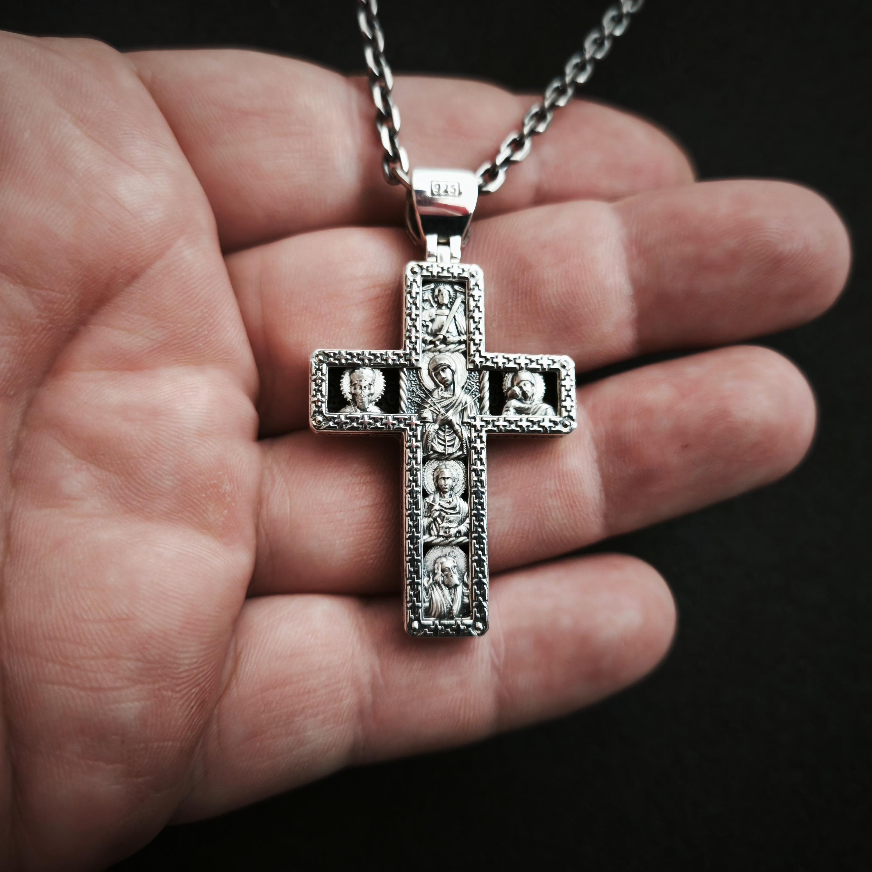 Sterling Silver Orthodox Crucifix Necklace Archangel Saint Michael & Ebony Wood - Religious Pendant