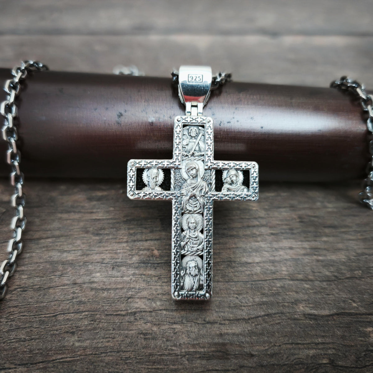 Sterling Silver Orthodox Crucifix Necklace Archangel Saint Michael & Ebony Wood - Religious Pendant