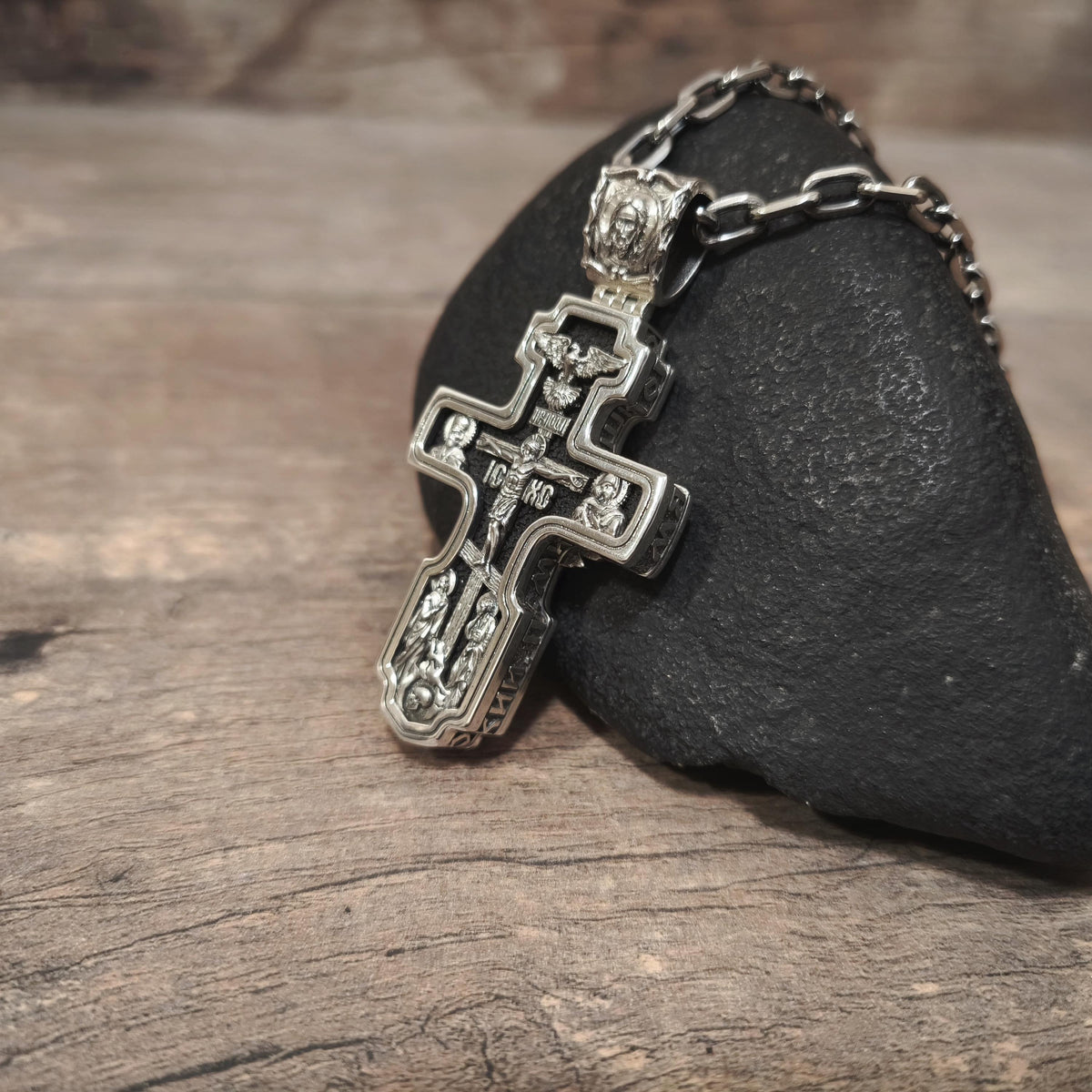 Sterling Silver Orthodox Crucifix Necklace Archangel Saint Michael & Ebony Wood - Religious Pendant