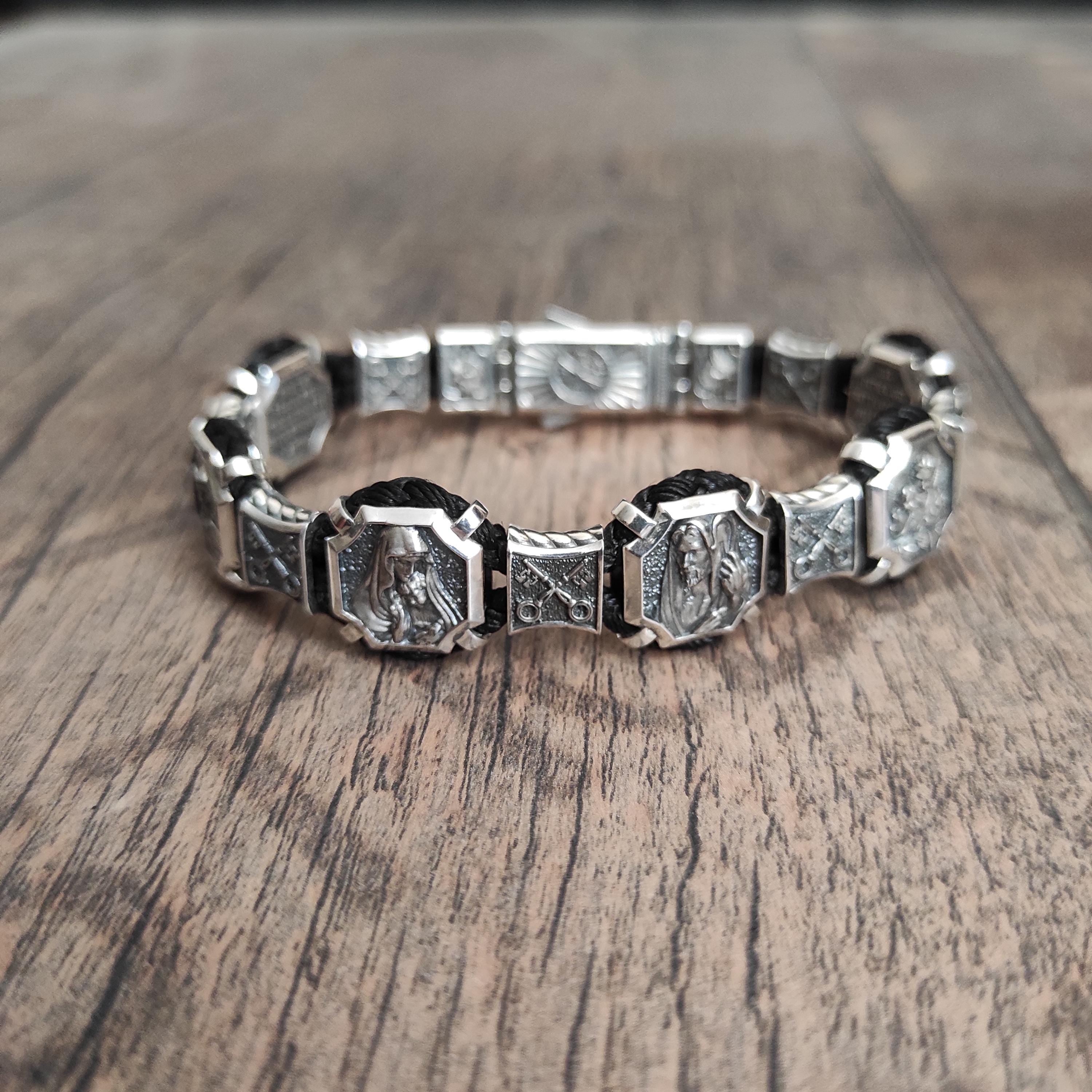 Christian Silver Saints Bracelet: Our Father Prayer, Silk Cord
