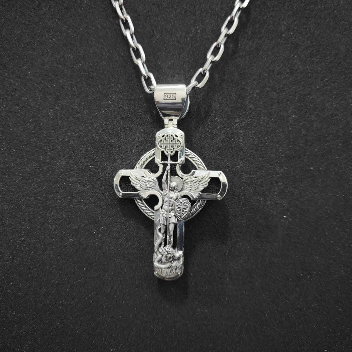 Personalized Saint Benedict Crucifix Necklace Archangel Saint Michael : Sterling Silver & Ebony Wood