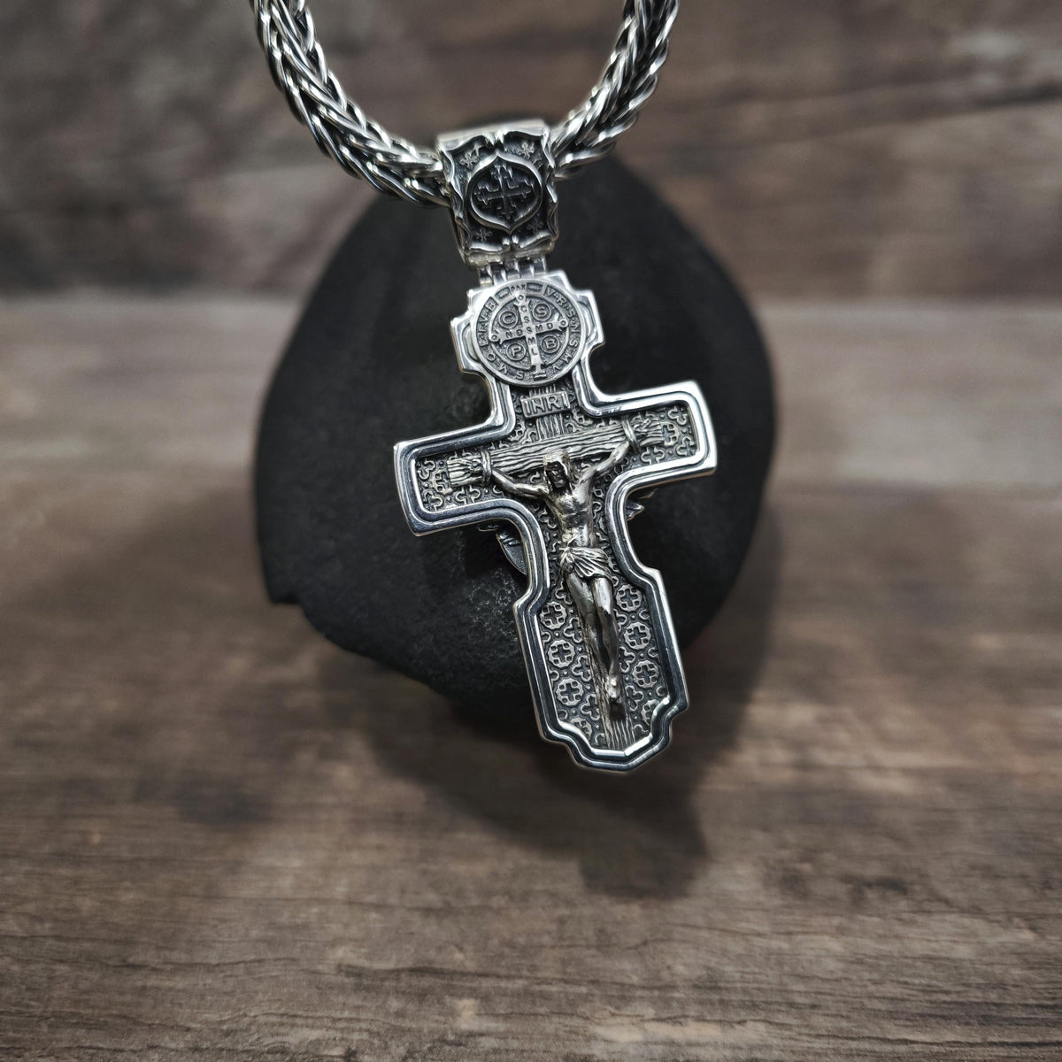Personalized Saint Benedict Crucifix Necklace Archangel Saint Michael: Sterling Silver
