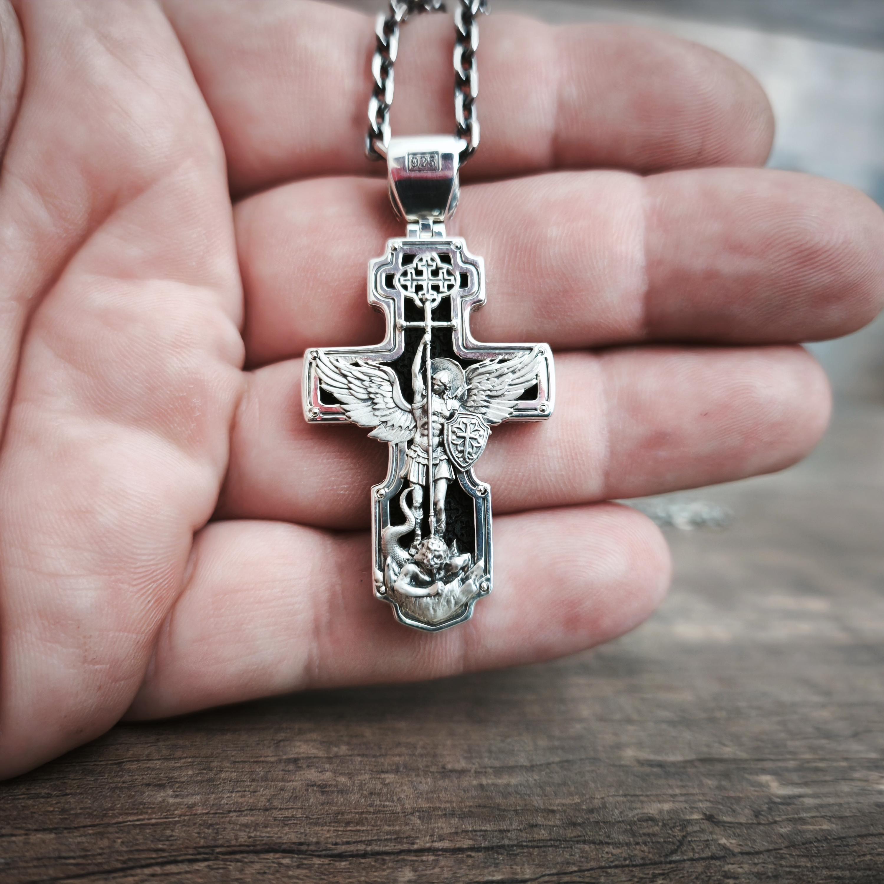 Sterling Silver Orthodox Crucifix Necklace Archangel Saint Michael & Ebony Wood - Religious Pendant