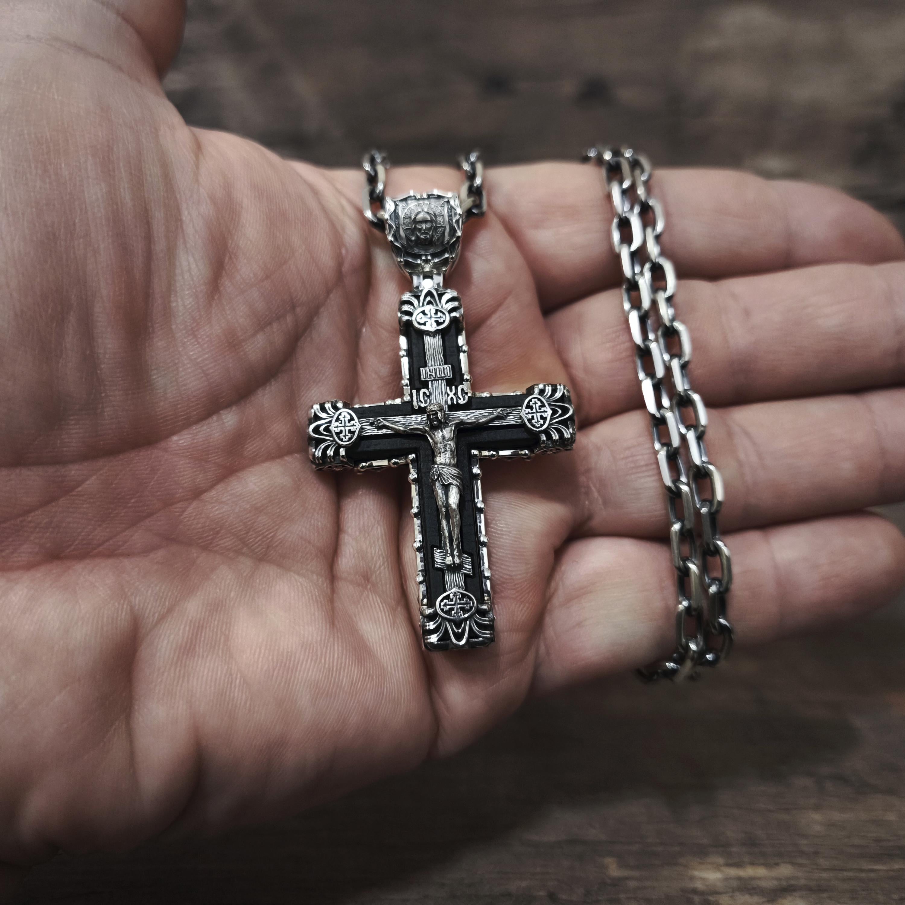 Sterling Silver Orthodox Crucifix Necklace & Ebony Wood - Religious Pendant