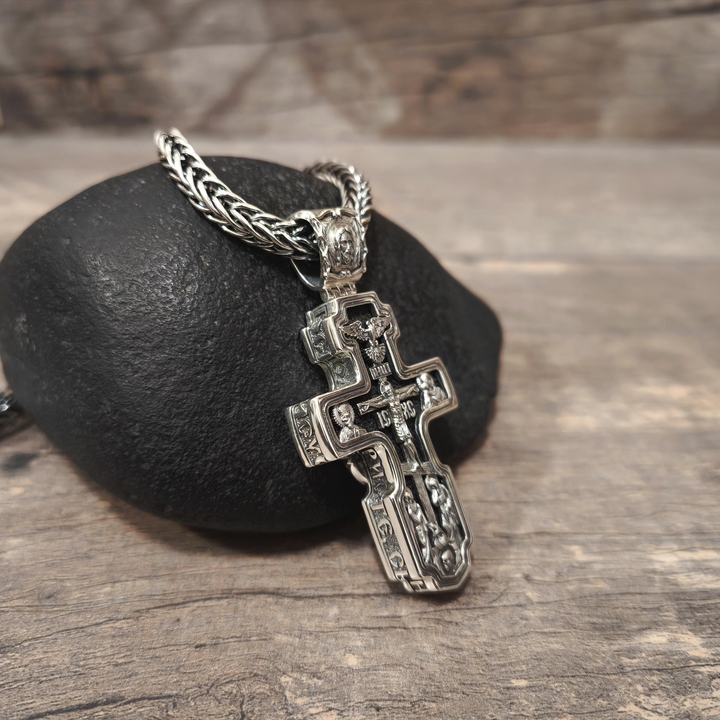 Sterling Silver Orthodox Cross Necklace - Archangel Michael, Ebony Wood