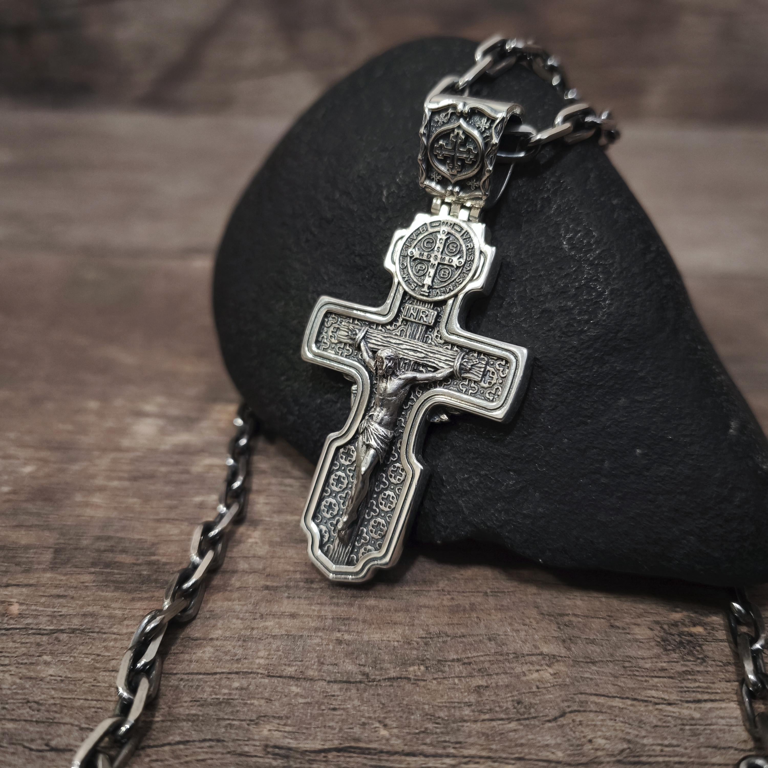 Personalized Jesus Cross Saint Benedict Crucifix Necklace Archangel Saint Michael: Sterling Silver