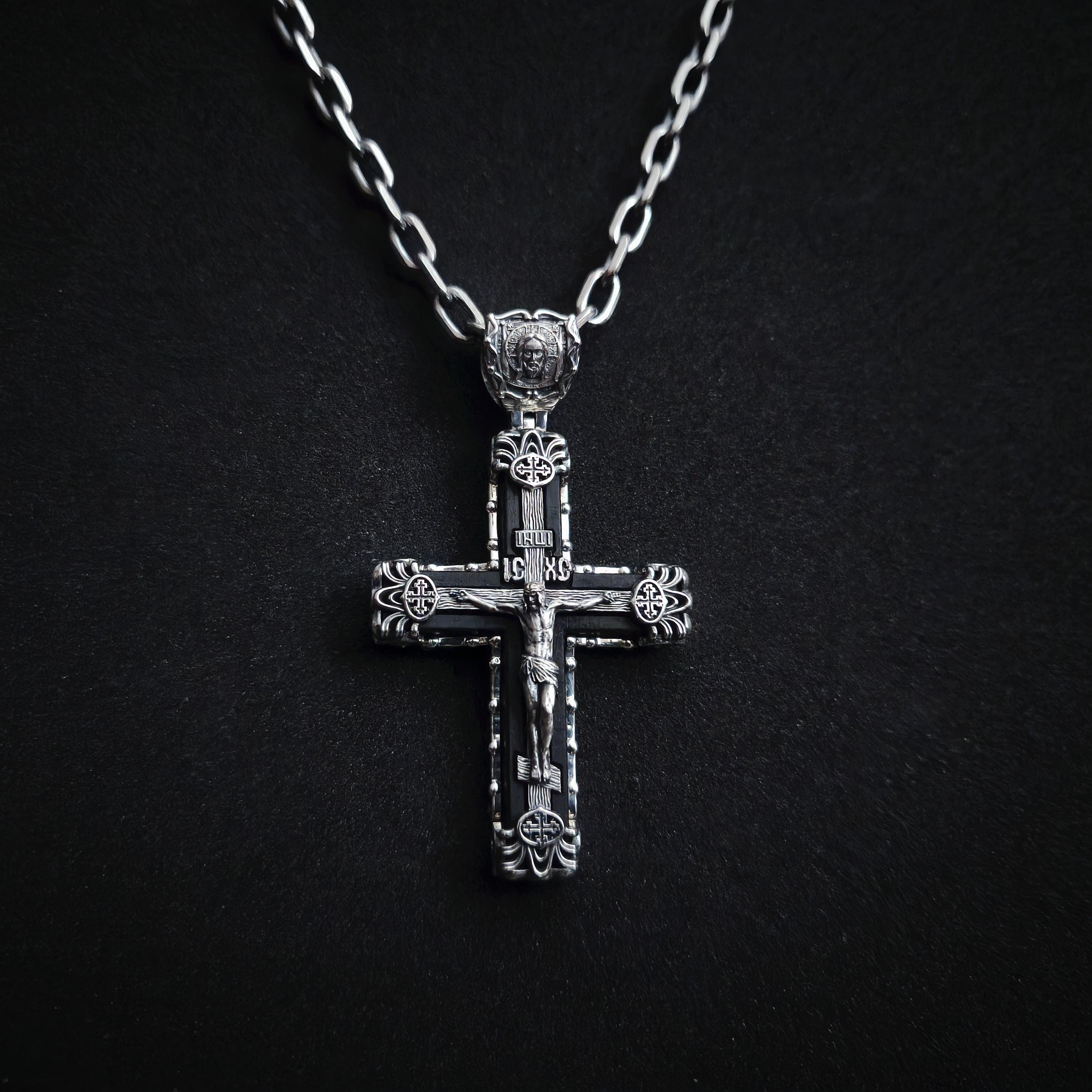 Sterling Silver Orthodox Crucifix Necklace & Ebony Wood - Religious Pendant