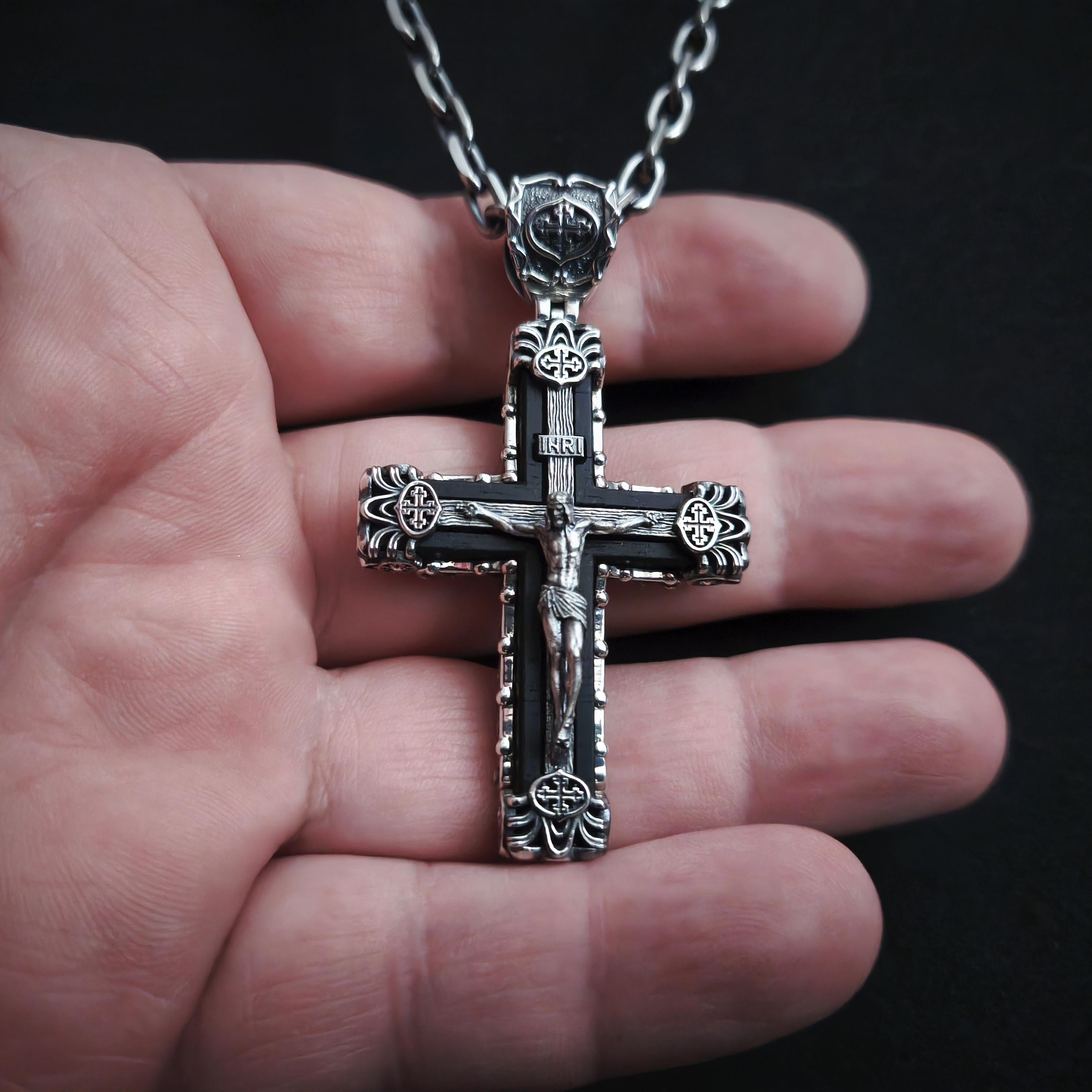 Sterling Silver Crucifix Archangel Michael Necklace & Ebony Wood - Religious Pendant