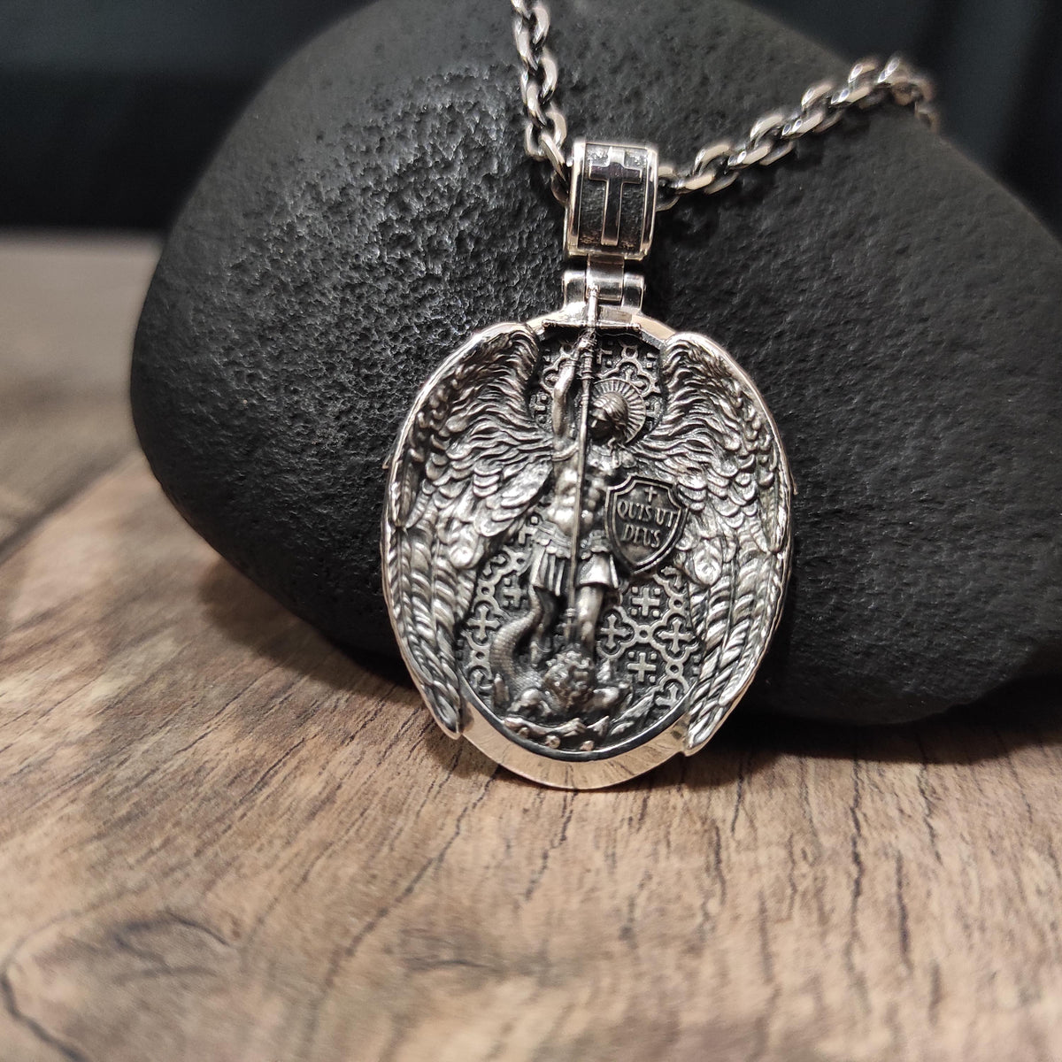 Sterling Silver Archangel Michael Shield Pendant Necklace, Religious Gift