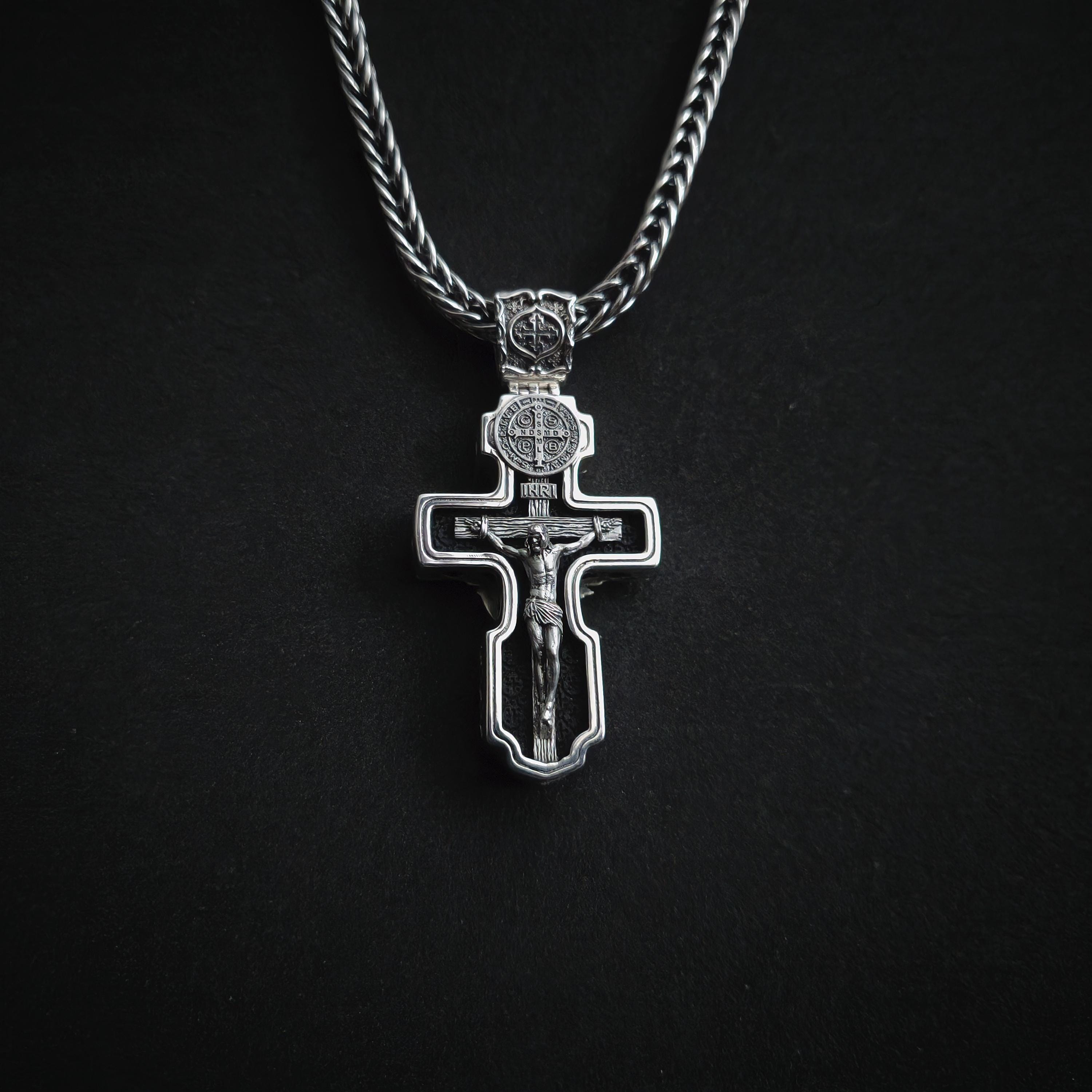 Personalized Saint Benedict Crucifix Necklace Archangel Saint Michael : Sterling Silver & Ebony Wood