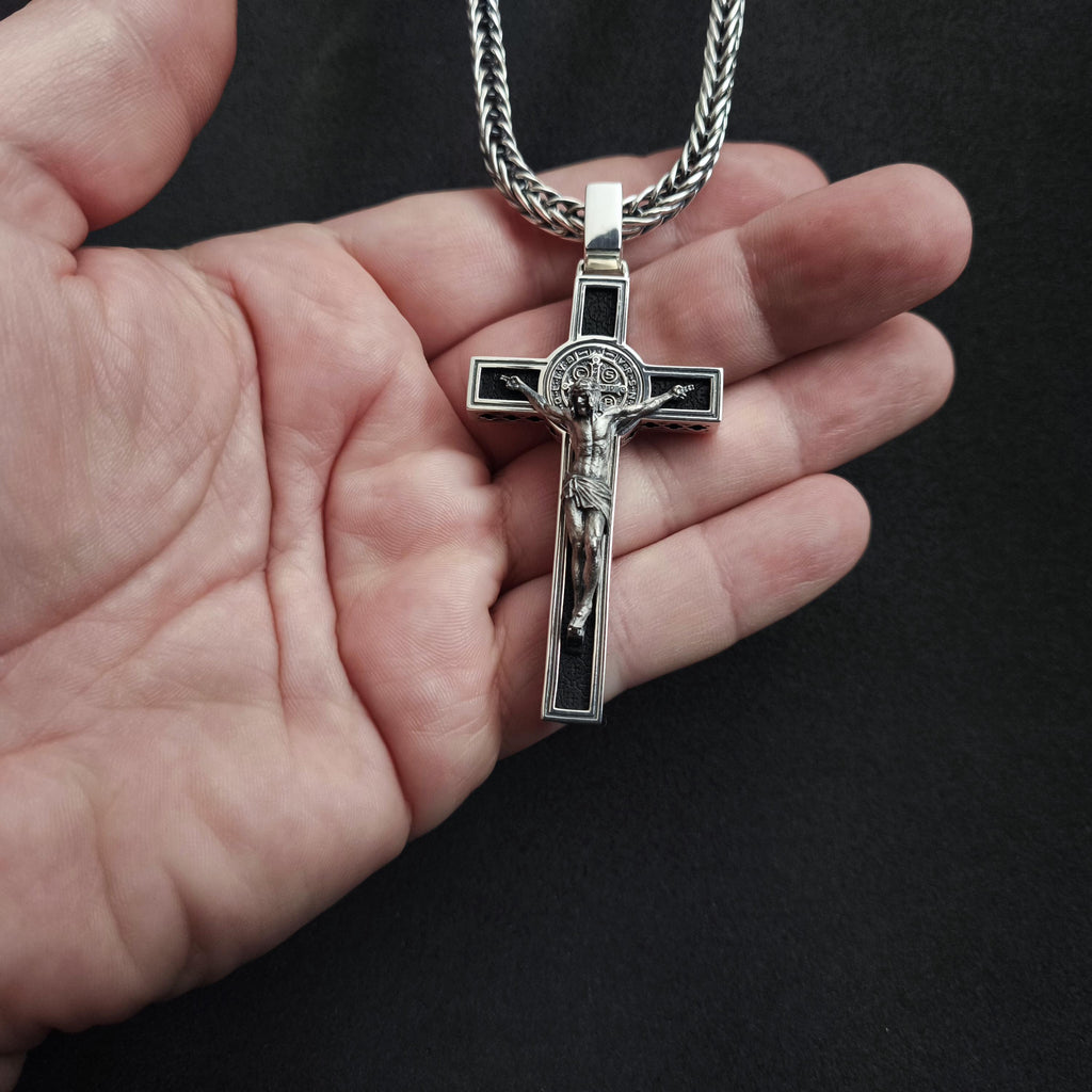 Personalized Saint Benedict Crucifix Necklace: Sterling Silver & Ebony Wood