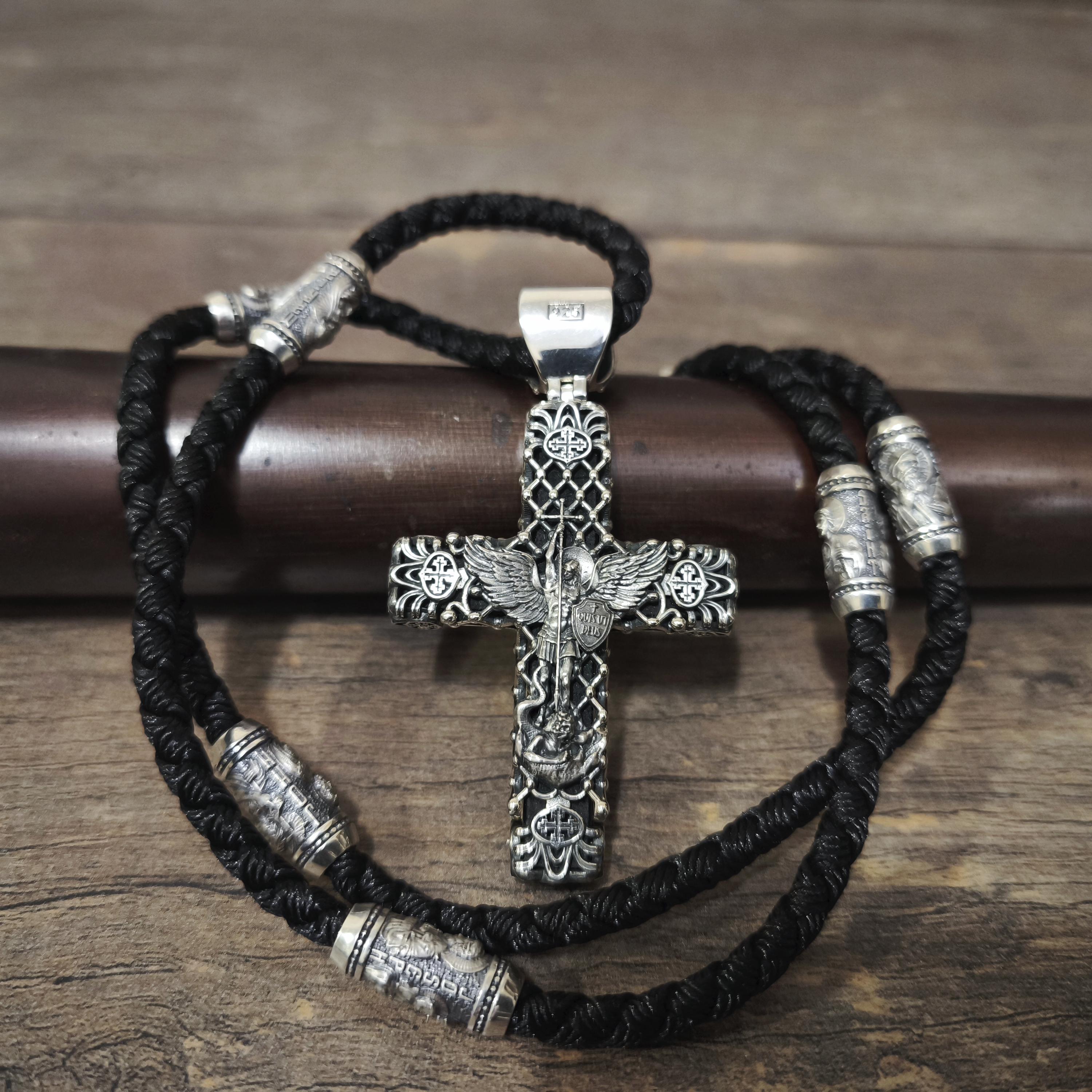 Sterling Silver Crucifix Archangel Michael Necklace & Ebony Wood - Religious Pendant