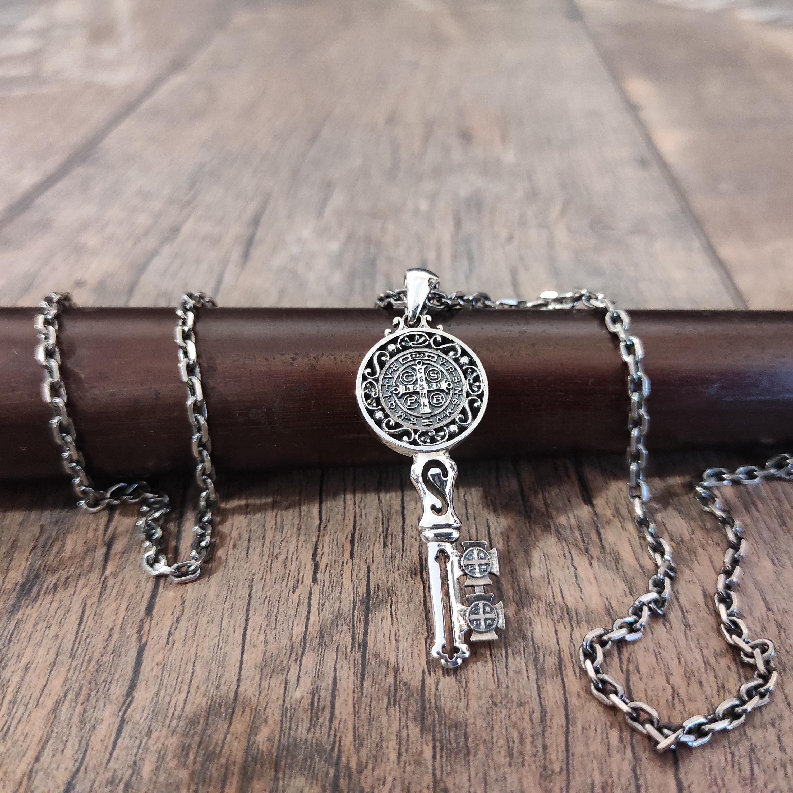 Saint Benedict Key Pendant: Sterling Silver Gothic Crucifix Necklace