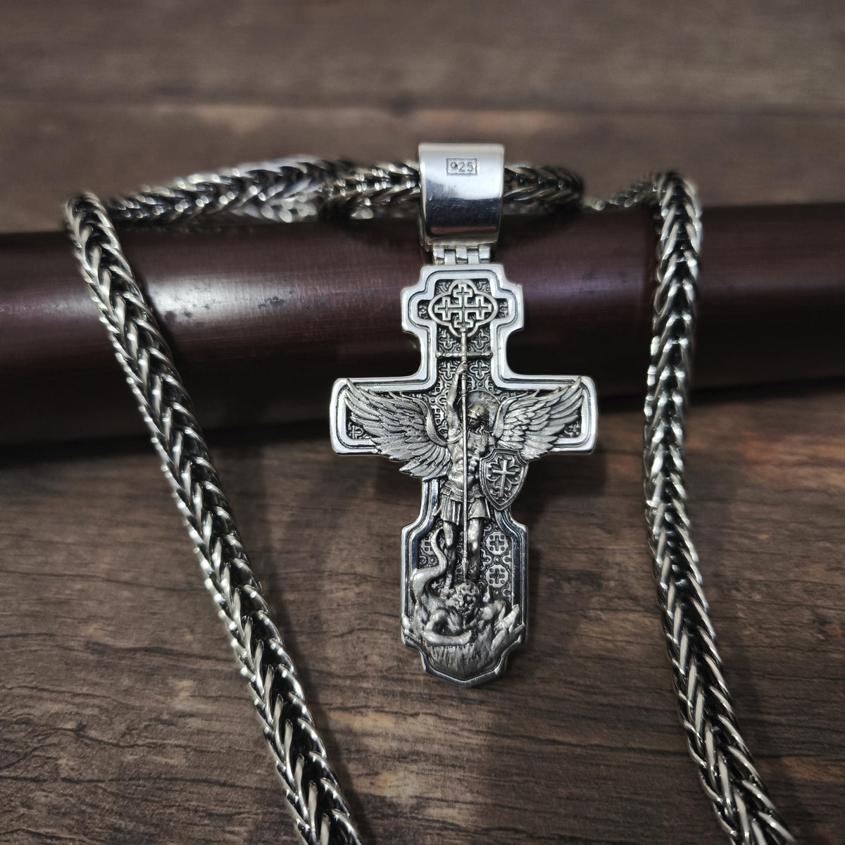Sterling Silver Orthodox Crucifix Jesus Cross Necklace Archangel Saint Michael - Religious Pendant