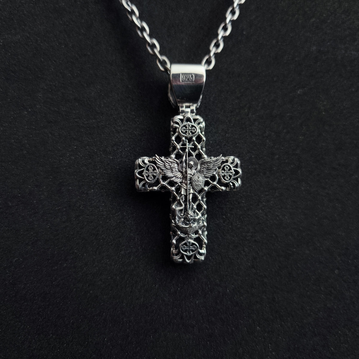 Sterling Silver Crucifix Archangel Michael Necklace & Ebony Wood - Religious Pendant