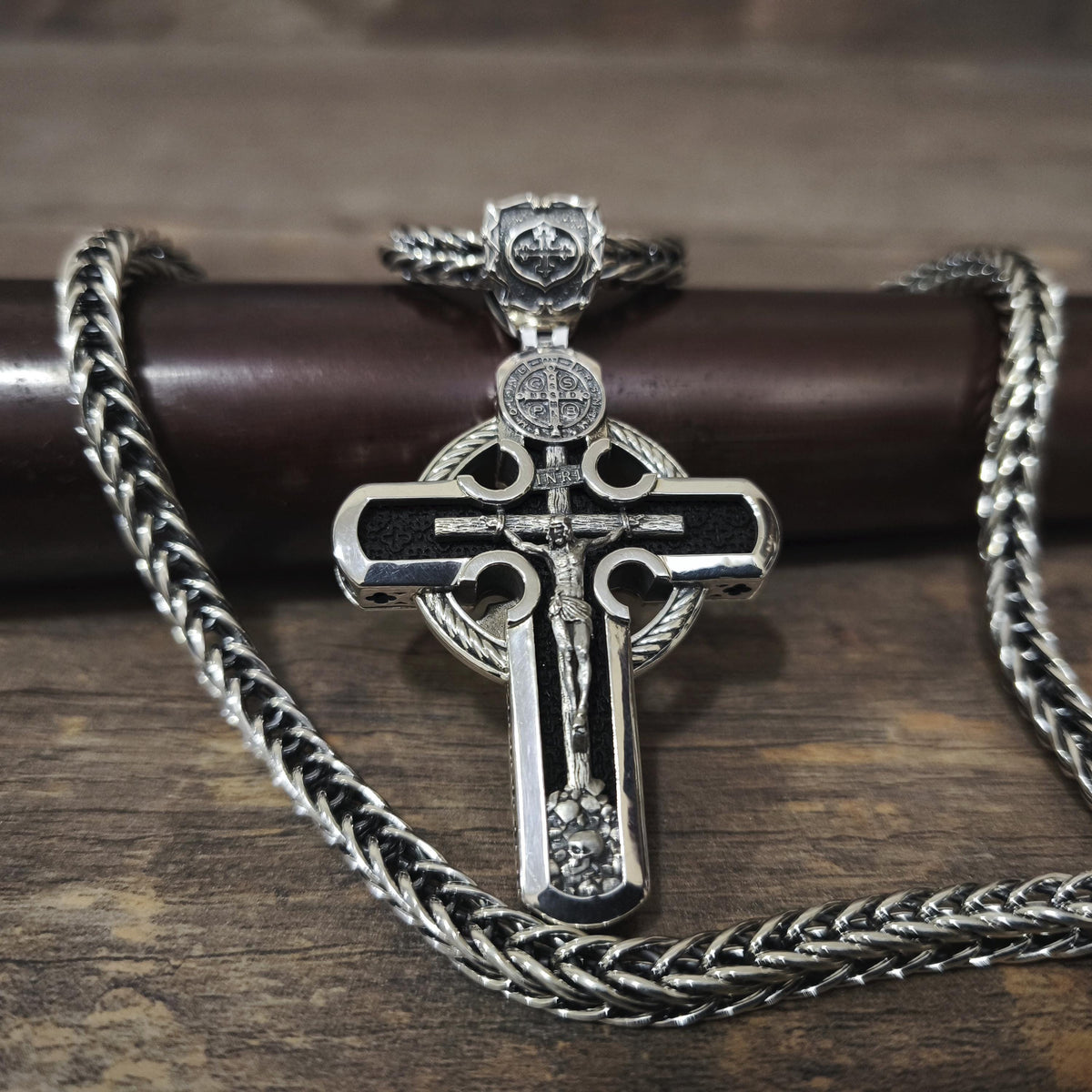 Personalized Saint Benedict Crucifix Necklace Archangel Saint Michael : Sterling Silver & Ebony Wood