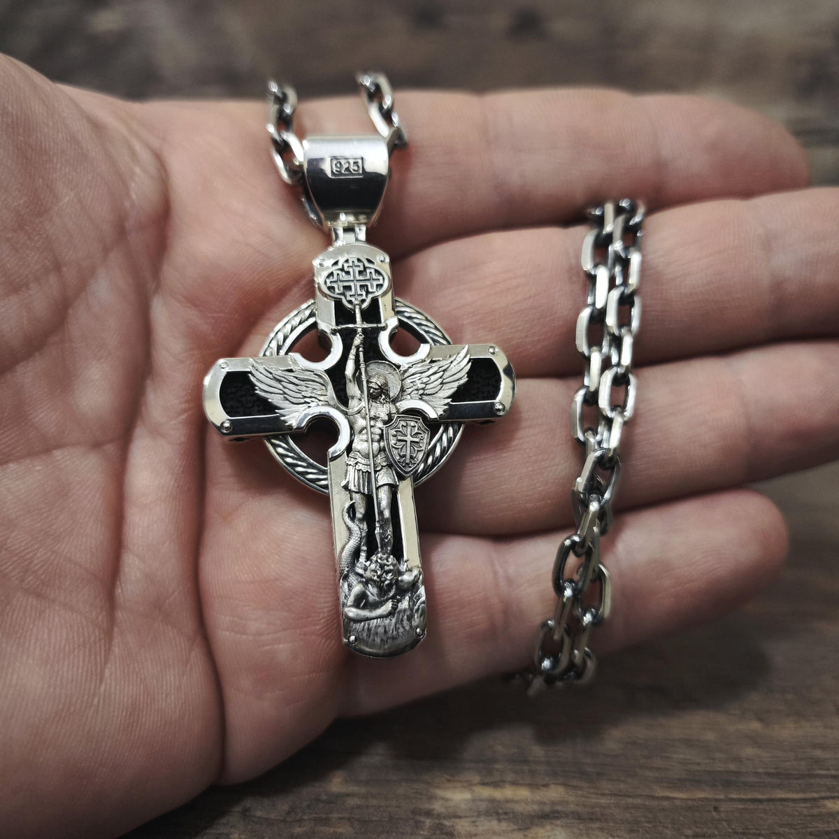 Personalized Saint Benedict Crucifix Necklace Archangel Saint Michael : Sterling Silver & Ebony Wood