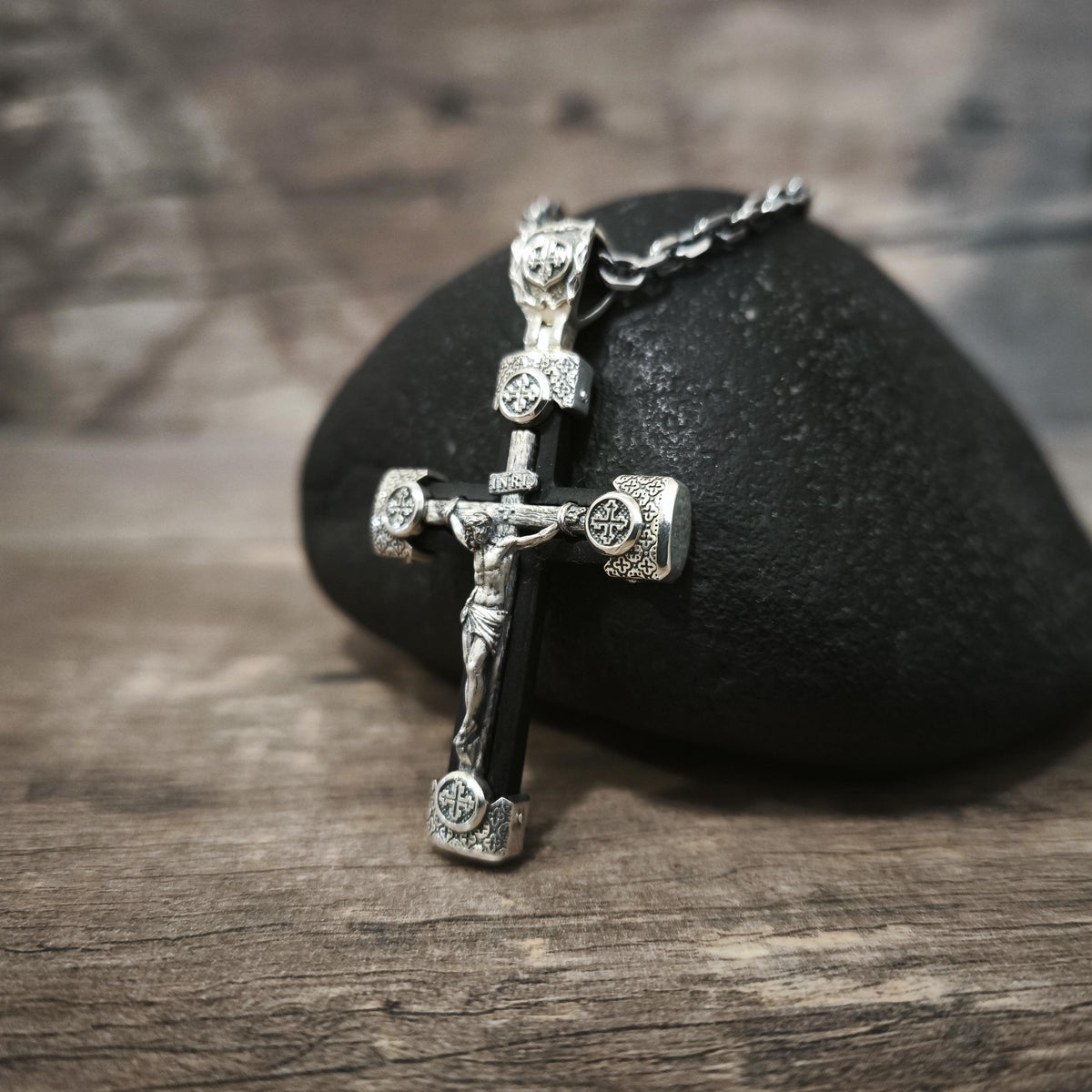 Personalized Jesus Cross Saint Benedict Crucifix Necklace Archangel Saint Michael : Sterling Silver & Ebony Wood